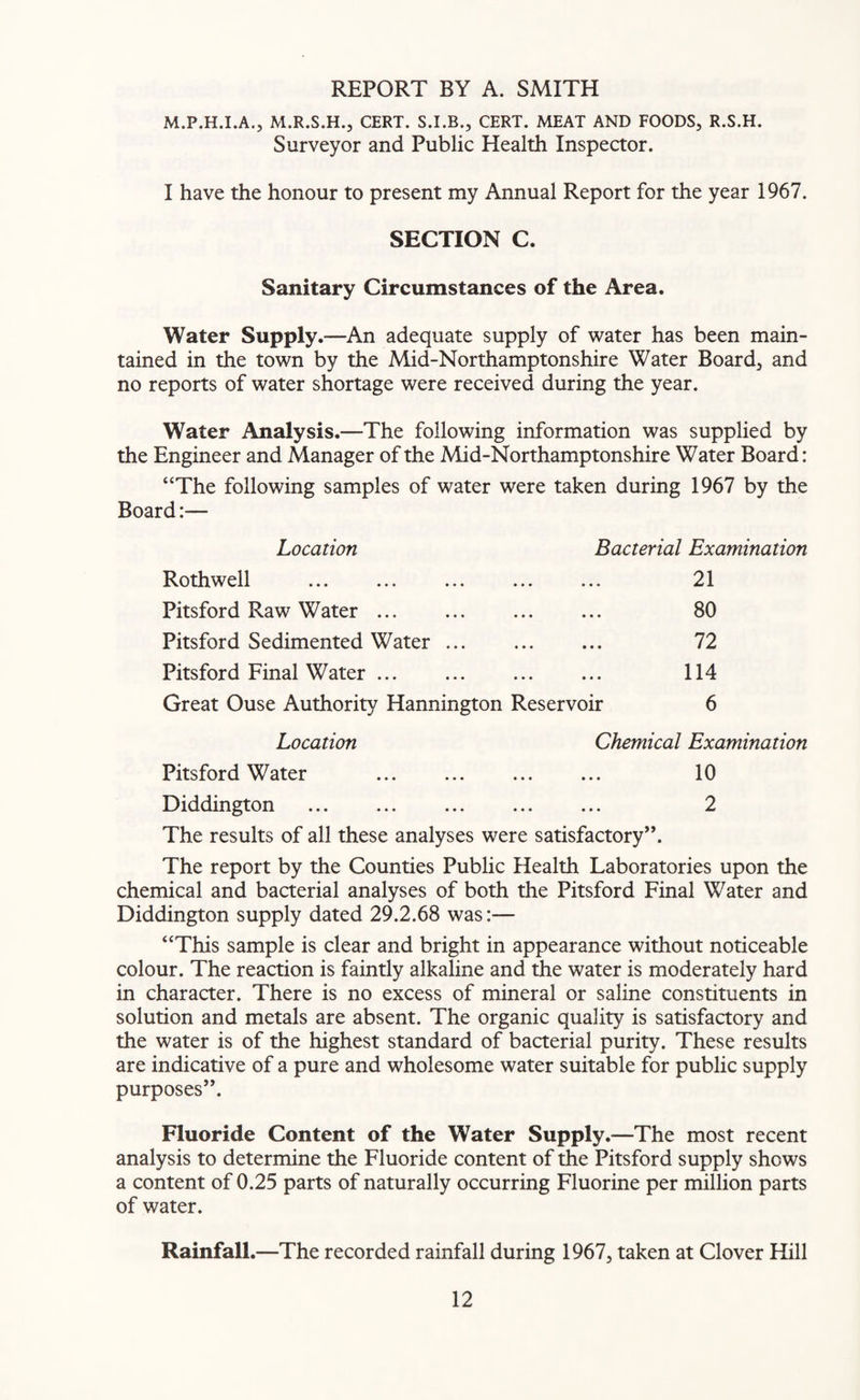 REPORT BY A. SMITH M.P.H.I.A., M.R.S.H., CERT. S.I.B., CERT. MEAT AND FOODS, R.S.H. Surveyor and Public Health Inspector. I have the honour to present my Annual Report for the year 1967. SECTION C. Sanitary Circumstances of the Area. Water Supply.—An adequate supply of water has been main¬ tained in the town by the Mid-Northamptonshire Water Board, and no reports of water shortage were received during the year. Water Analysis.—The following information was supplied by the Engineer and Manager of the Mid-Northamptonshire Water Board: “The following samples of water were taken during 1967 by the Board:— Location Bacterial Examination Rothwell . 21 Pitsford Raw Water ... ... . 80 Pitsford Sedimented Water. 72 Pitsford Final Water. 114 Great Ouse Authority Hannington Reservoir 6 Location Chemical Examination Pitsford Water . 10 Diddington . ... . 2 The results of all these analyses were satisfactory”. The report by the Counties Public Health Laboratories upon the chemical and bacterial analyses of both the Pitsford Final Water and Diddington supply dated 29.2.68 was:— “This sample is clear and bright in appearance without noticeable colour. The reaction is faintly alkaline and the water is moderately hard in character. There is no excess of mineral or saline constituents in solution and metals are absent. The organic quality is satisfactory and the water is of the highest standard of bacterial purity. These results are indicative of a pure and wholesome water suitable for public supply purposes”. Fluoride Content of the Water Supply.—The most recent analysis to determine the Fluoride content of the Pitsford supply shows a content of 0.25 parts of naturally occurring Fluorine per million parts of water. Rainfall.—The recorded rainfall during 1967, taken at Clover Hill