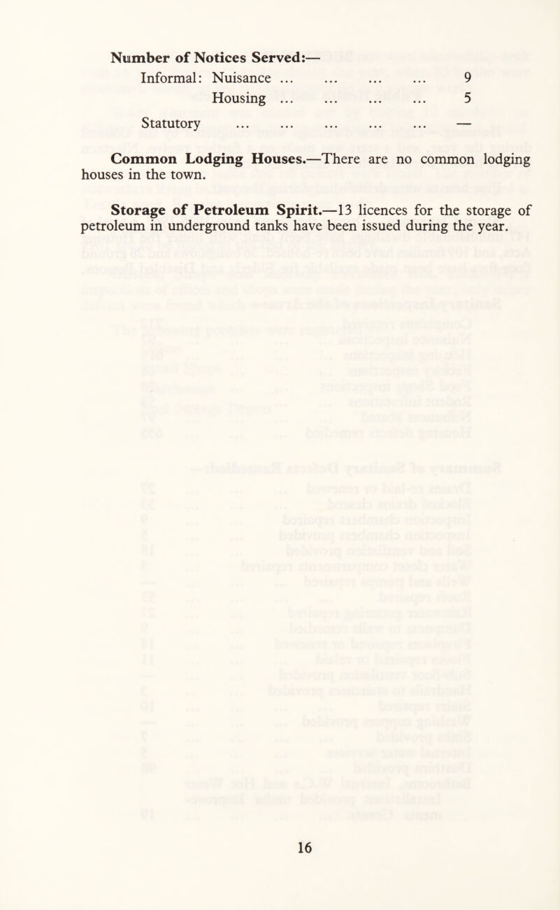 Number of Notices Served:— Informal: Nuisance. 9 Housing. 5 Statutory . — Common Lodging Houses.—There are no common lodging houses in the town. Storage of Petroleum Spirit.—13 licences for the storage of petroleum in underground tanks have been issued during the year.