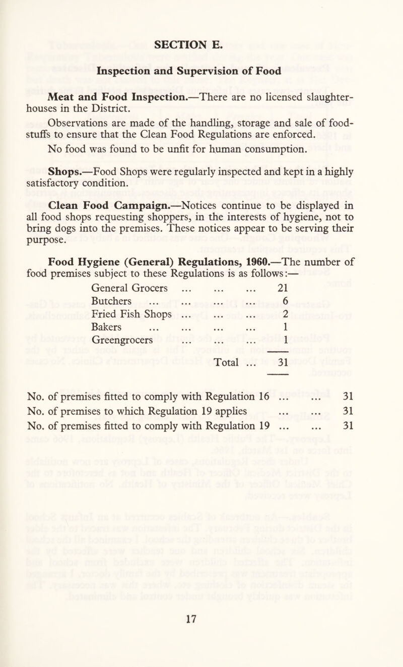 Inspection and Supervision of Food Meat and Food Inspection.—There are no licensed slaughter¬ houses in the District. Observations are made of the handling, storage and sale of food¬ stuffs to ensure that the Clean Food Regulations are enforced. No food was found to be unfit for human consumption. Shops.—Food Shops were regularly inspected and kept in a highly satisfactory condition. Clean Food Campaign.—Notices continue to be displayed in all food shops requesting shoppers, in the interests of hygiene, not to bring dogs into the premises. These notices appear to be serving their purpose. Food Hygiene (General) Regulations, 1960.—The number of food premises subject to these Regulations is as follows:— General Grocers ... 21 Butchers . 6 Fried Fish Shops. 2 Bakers . 1 Greengrocers . 1 Total ... 31 No. of premises fitted to comply with Regulation 16 ... No. of premises to which Regulation 19 applies No. of premises fitted to comply with Regulation 19 ... 31 31 31