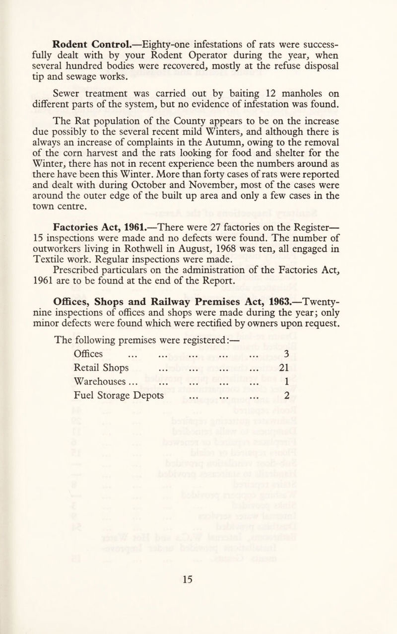 Rodent Control.—Eighty-one infestations of rats were success¬ fully dealt with by your Rodent Operator during the year, when several hundred bodies were recovered, mostly at the refuse disposal tip and sewage works. Sewer treatment was carried out by baiting 12 manholes on different parts of the system, but no evidence of infestation was found. The Rat population of the County appears to be on the increase due possibly to the several recent mild Winters, and although there is always an increase of complaints in the Autumn, owing to the removal of the corn harvest and the rats looking for food and shelter for the Winter, there has not in recent experience been the numbers around as there have been this Winter. More than forty cases of rats were reported and dealt with during October and November, most of the cases were around the outer edge of the built up area and only a few cases in the town centre. Factories Act, 1961.—There were 27 factories on the Register— 15 inspections were made and no defects were found. The number of outworkers living in Rothwell in August, 1968 was ten, all engaged in Textile work. Regular inspections were made. Prescribed particulars on the administration of the Factories Act, 1961 are to be found at the end of the Report. Offices, Shops and Railway Premises Act, 1963.—Twenty- nine inspections of offices and shops were made during the year; only minor defects were found which were rectified by owners upon request. The following premises were registered:— Offices ... ... ... ... ... 3 Retail Shops . 21 Warehouses. 1 Fuel Storage Depots . 2