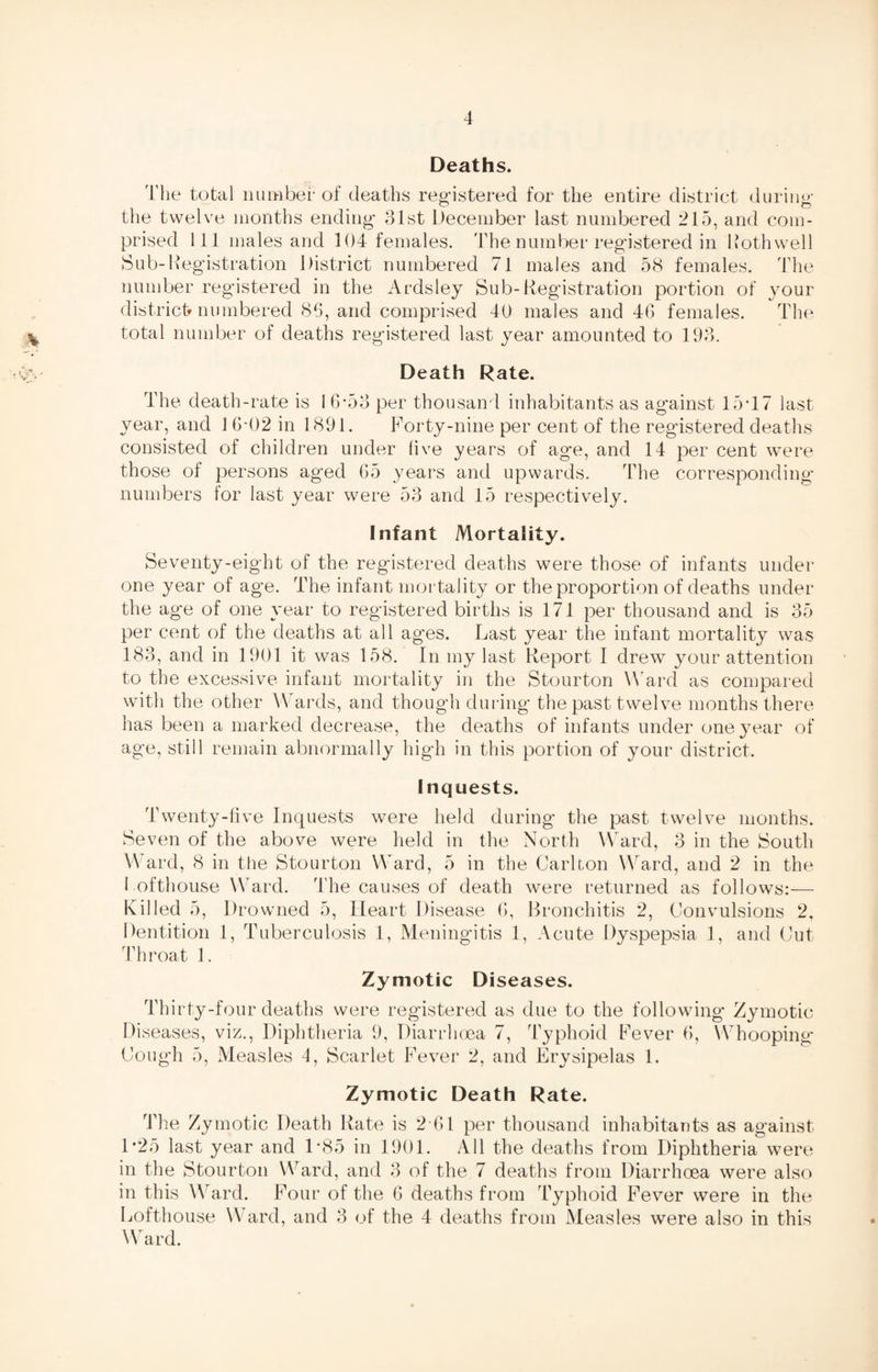 Deaths. The total number of deaths registered for the entire district during the twelve months ending 31st December last numbered 215, and com¬ prised 111 males and 104 females. The number registered in Rothwell Sub-Registration District numbered 71 males and 58 females. The number registered in the Ardsley Sub-Registration portion of your district numbered 86, and comprised 40 males and 46 females. The total number of deaths registered last year amounted to 193. Death Rate. The death-rate is 1 6-53 per thousand inhabitants as against 15*17 last year, and 1 6*02 in 1891. Forty-nine per cent of the registered deaths consisted of children under live years of age, and 14 per cent were those of persons aged 65 years and upwards. The corresponding numbers for last year were 53 and 15 respectively. Infant Mortality. Seventy-eight of the registered deaths were those of infants under one year of age. The infant mortality or the proportion of deaths under the age of one year to registered births is 171 per thousand and is 35 per cent of the deaths at all ages. Last year the infant mortality was 183, and in 1901 it was 158. In my last Report I drew your attention to the excessive infant mortality in the Stourton Ward as compared with the other Wards, and though during the past twelve months there has been a marked decrease, the deaths of infants under one year of age, still remain abnormally high in this portion of your district. Inquests. Twenty-five Inquests were held during the past twelve months. Seven of the above were held in the North Ward, 3 in the South Ward, 8 in the Stourton Ward, 5 in the Carlton Ward, and 2 in the I ofthouse Ward. The causes of death were returned as follows:— Killed 5, Drowned 5, Heart Disease 6, Bronchitis 2, Convulsions 2, Dentition 1, Tuberculosis 1, Meningitis 1, Acute Dyspepsia 1, and Cut Throat 1. Zymotic Diseases. Thirty-four deaths were registered as due to the following Zymotic Diseases, viz., Diphtheria 9, Diarrhoea 7, Typhoid Fever 6, Whooping Cough 5, Measles 4, Scarlet Fever 2, and Erysipelas 1. Zymotic Death Rate. The Zymotic Death Rate is 2 61 per thousand inhabitants as against 1*25 last year and 1*85 in 1901. All the deaths from Diphtheria were in the Stourton Ward, and 3 of the 7 deaths from Diarrhoea were also in this Ward. Four of the 6 deaths from Typhoid Fever were in the Lofthouse Ward, and 3 of the 4 deaths from Measles were also in this Ward.