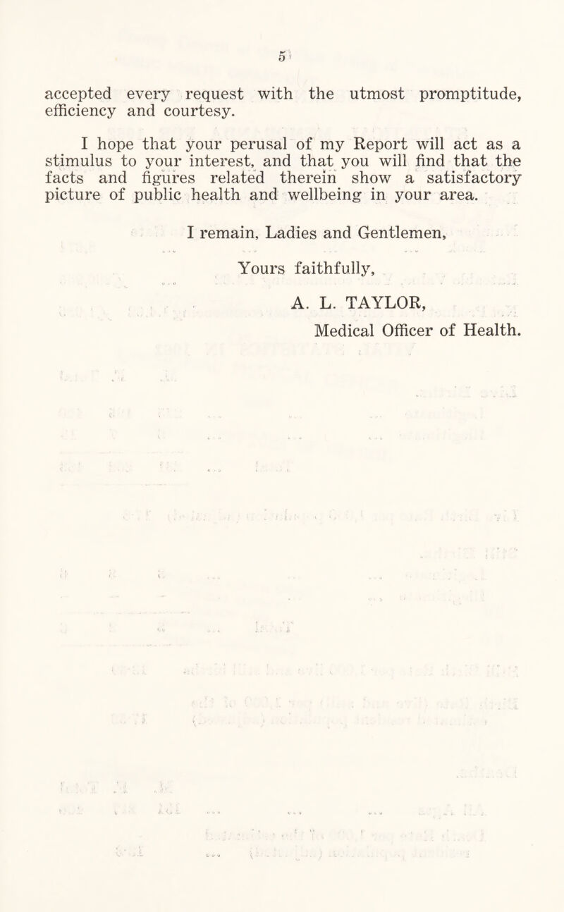 accepted every request with the utmost promptitude, efhciency and courtesy. I hope that your perusal of my Report will act as a stimulus to your interest, and that you will find that the facts and figures related therein show a satisfactory picture of public health and wellbeing in your area. I remain. Ladies and Gentlemen, Yours faithfully, A. L. TAYLOR, Medical Officer of Health.