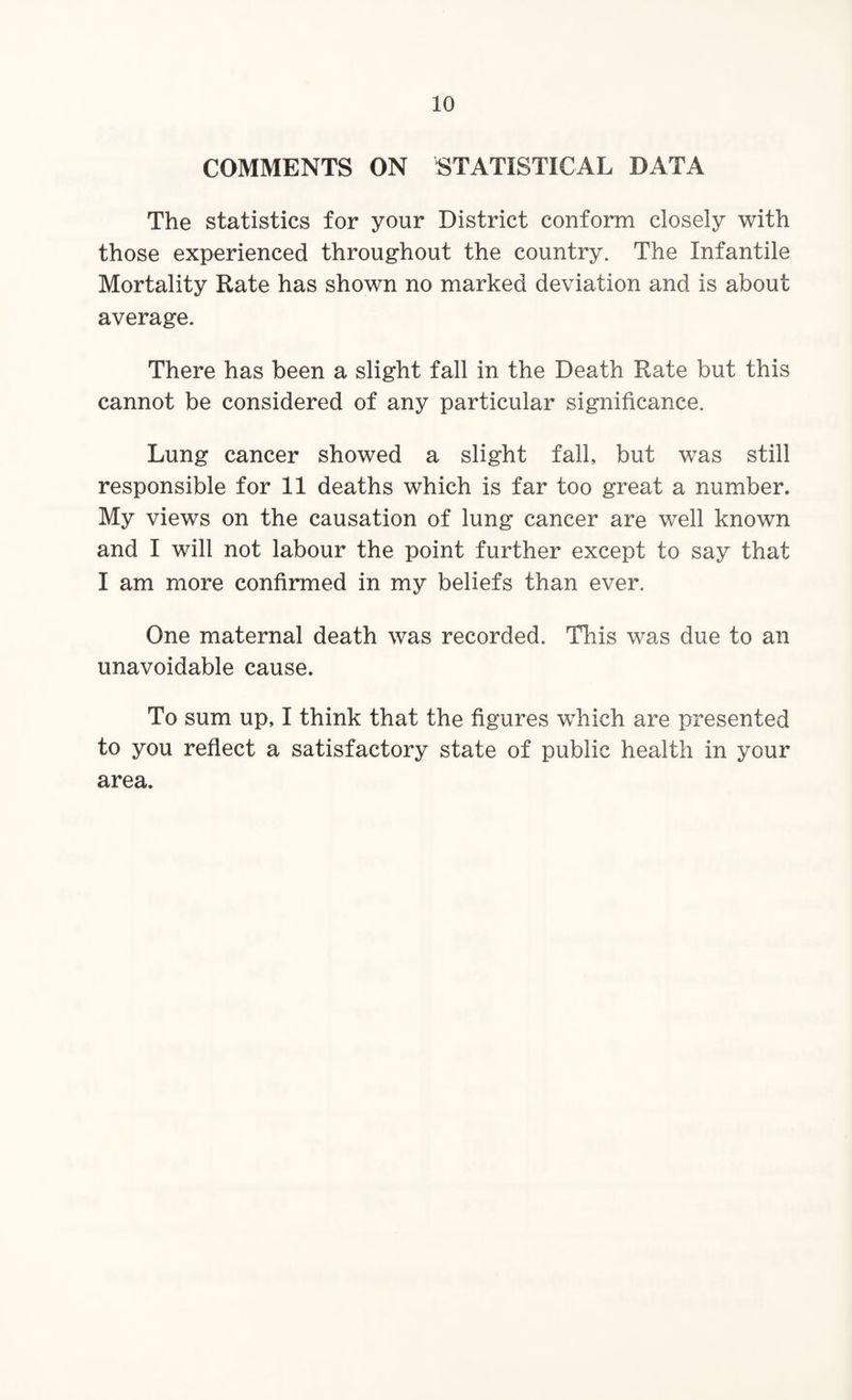 COMMENTS ON STATISTICAL DATA The statistics for your District conform closely with those experienced throughout the country. The Infantile Mortality Rate has shown no marked deviation and is about average. There has been a slight fall in the Death Rate but this cannot be considered of any particular significance. Lung cancer showed a slight fall, but was still responsible for 11 deaths which is far too great a number. My views on the causation of lung cancer are well known and I will not labour the point further except to say that I am more confirmed in my beliefs than ever. One maternal death was recorded. This was due to an unavoidable cause. To sum up, I think that the figures which are presented to you reflect a satisfactory state of public health in your area.