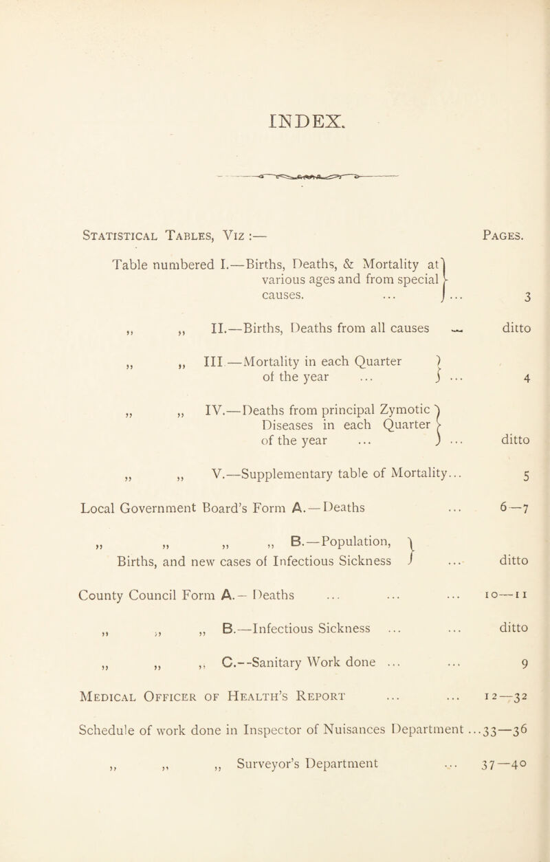 INDEX. Statistical Tables, Viz :— Table numbered I.—Births, Deaths, & Mortality at I various ages and from special [■ causes. ... J ... „ „ II.—Births, Deaths from all causes — ,, ,, III—Mortality in each Quarter ) of the year ... j ... „ ,, IV.—Deaths from principal Zymotic Diseases in each Quarter of the year ,, ,, V.—Supplementary table of Mortality... Local Government Board’s Form A. — Deaths „ „ „ „ B.—Population, | Births, and new cases of Infectious Sickness J County Council Form A. — Deaths „ ,, B.—Infectious Sickness ,, ,, ,, C.--Sanitary Work done ... Medical Officer of Health’s Report Schedule of work done in Inspector of Nuisances Department . „ ,, ,, Surveyor’s Department Pages. 3 ditto 4 ditto 5 6—7 ditto io—11 ditto 9 12—32 ••33—36 37—40