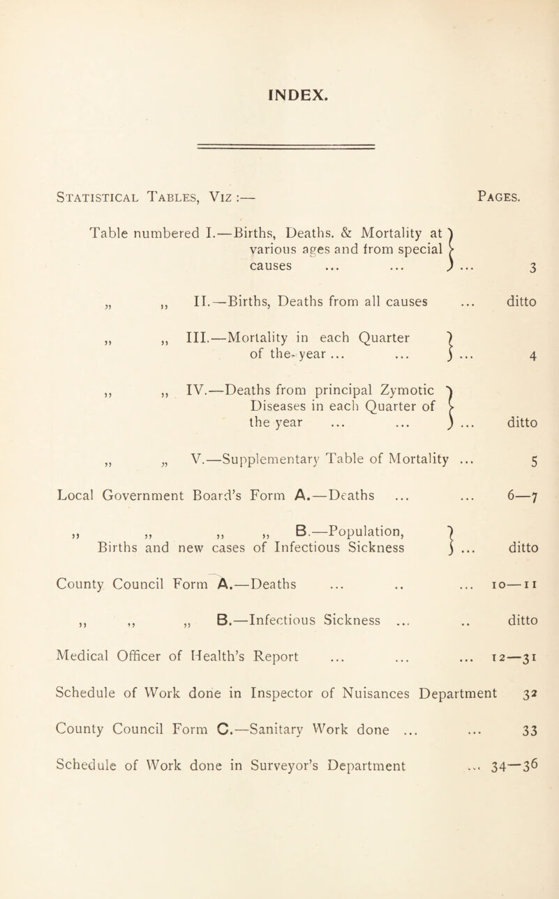 INDEX. Statistical Tables, Viz :— Pages. Table numbered I.—Births, Deaths. & Mortality at ) various ages and from special > causes ... ... ) ... 3 „ ,, II.—Births, Deaths from all causes ... ditto ,, ,, III.—Mortality in each Quarter ) of the- year ... ... ) ... 4 ,, ,, IV.—Deaths from principal Zymotic Diseases in each Quarter of > the year ... ... ) ... ditto ,, „ V.—Supplementary Table of Mortality ... 5 Local Government Board’s Form A.—Deaths ... ... 6—7 „ „ „ „ B.—Population, ) Births and new cases of Infectious Sickness j ... ditto County Council Form A.—Deaths ... .. ... 10—n ,, ,, ,, B.—Infectious Sickness ... .. ditto Medical Officer of Health’s Report ... ... ... 12—31 Schedule of Work done in Inspector of Nuisances Department 32 County Council Form C.—Sanitary Work done ... ... 33 Schedule of Work done in Surveyor’s Department w.. 34—36