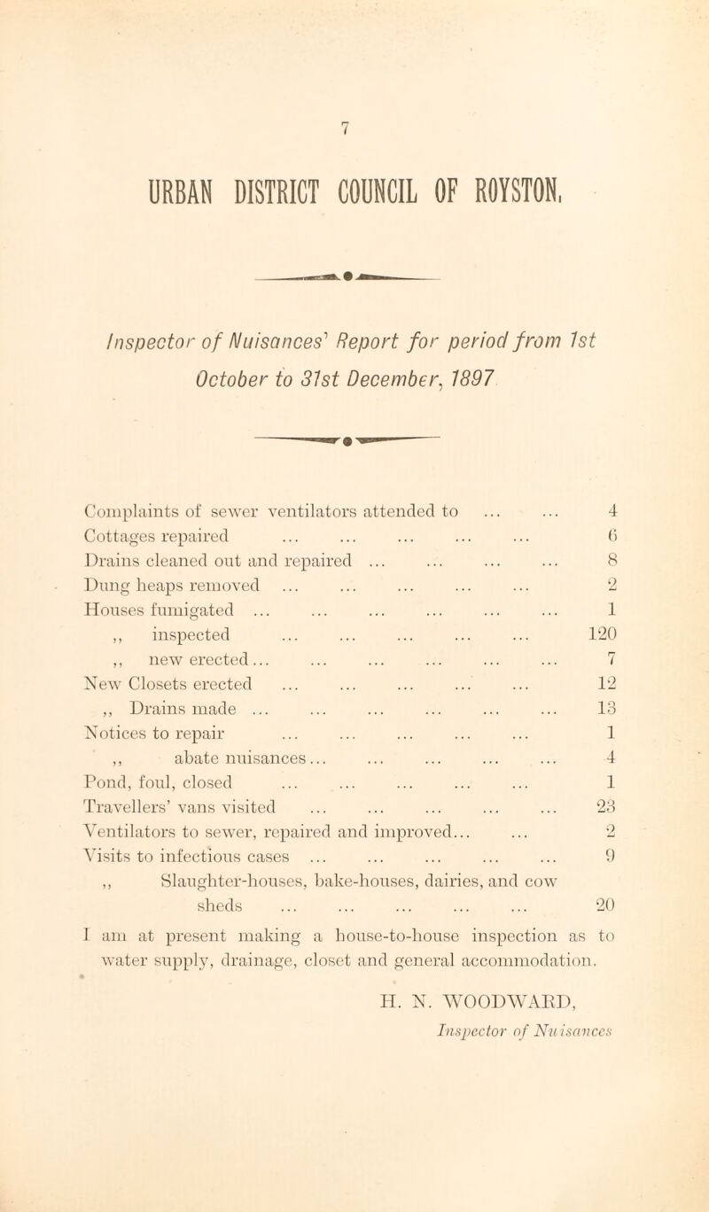 URBAN DISTRICT COUNCIL OF ROYSTON, Inspector of Nuisances’ Report for period from 1st October to 31st December, 1897 Complaints of sewer ventilators attended to ... ... 4 Cottages repaired ... ... ... ... ... 6 Drains cleaned out and repaired ... ... ... ... 8 Dung heaps removed ... ... ... ... ... 2 Houses fumigated ... ... ... ... ... ... 1 ,, inspected ... ... ... ... ... 120 ,, new erected... ... ... ... ... ... 7 New Closets erected ... ... ... ... ... 12 ,, Drains made ... ... ... ... ... ... 13 Notices to repair ... ... ... ... ... 1 ,, abate nuisances... ... ... ... ... 4 Pond, foul, closed ... ... ... ... ... 1 Travellers’ vans visited ... ... ... ... ... 23 Ventilators to sewer, repaired and improved... ... 2 Visits to infectious cases ... ... ... ... ... 9 ,, Slaughter-houses, bake-houses, dairies, and cow sheds ... ... ... ... ... 20 I am at present making a house-to-house inspection as to water supply, drainage, closet and general accommodation. H. N. WOODWARD, Inspector of Nuisances