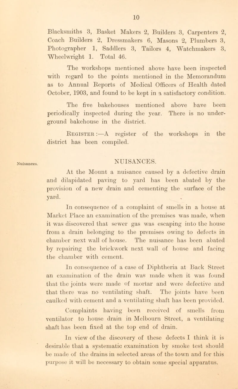 Blacksmiths 3, Basket Makers 2, Builders 3, Carpenters 2, Coach Builders 2, Dressmakers 6, Masons 2, Plumbers 3, Photographer 1, Saddlers 3, Tailors 4, Watchmakers 3, Wheelwright 1. Total 46. The workshops mentioned above have been inspected with regard to the points mentioned in the Memorandum as to Annual Reports of Medical Officers of Health dated October, 1903, and found to be kept in a satisfactory condition. The five bakehouses mentioned above have been periodically inspected during the year. There is no under¬ ground bakehouse in the district. Register :—A register of the workshops in the district has been compiled. Nuisances. NUISANCES. At the Mount a nuisance caused by a defective drain and dilapidated paving to yard has been abated by the provision of a new drain and cementing the surface of the yard. In consequence of a complaint of smells in a house at Market Place an examination of the premises was made, when it was discovered that sewer gas was escaping into the house from a drain belonging to the premises owing to defects in chamber next wall of house. The nuisance has been abated by repairing the brickwork next wall of house and facing the chamber with cement. In consequence of a case of Diphtheria at Back Street an examination of the drain was made when it was found that the joints were made of mortar and were defective and that there was no ventilating shaft. The joints have been caulked with cement and a ventilating shaft has been provided. Complaints having been received of smells from ventilator to house drain in Melbourn Street, a ventilating shaft has been fixed at the top end of drain. In view of the discovery of these defects I think it is desirable that a systematic examination by smoke test should be made of the drains in selected areas of the town and for this purpose it will be necessary to obtain some special apparatus.