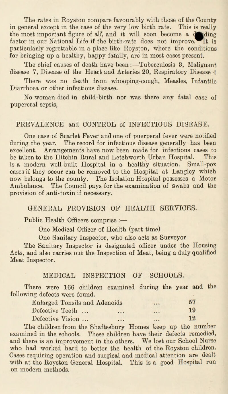 The rates in Royston compare favourably with those of the County in general except in the case of the very low birth rate. This is really the most important figure of alf, and it will soon become a d^iding factor in our National Life if the birth-rate does not improve.^It is particularly regrettable in a place like Royston, where the conditions for bringing up a healthy, happy family, are in most cases present. The chief causes of death have been :—Tuberculosis 3, Malignant disease 7, Disease of the Heart and Arteries 20, Respiratory Disease 4 There was no death from whooping-cough, Measles, Infantile Diarrhoea or other infectious disease. No woman died in child-birth nor was there any fatal case of pupereral sepsis, PREVALENCE and CONTROL of INFECTIOUS DISEASE. One case of Scarlet Fever and one of puerperal fever were notified during the year. The record for infectious disease generally has been excellent. Arrangements have now been made for infectious cases to be taken to the Hitchin Rural and Letch worth Urban Hospital. This is a modern well-built Hospital in a healthy situation. Small-pox cases if they occur can be removed to the Hospital at Langley which now belongs to the county. The Isolation Hospital possesses a Motor Ambulance. The Council pays for the examination of swabs and the provision of anti-toxin if necessary. GENERAL PROVISION OF HEALTH SERVICES. Public Health Officers comprise :— One Medical Officer of Health (part time) One Sanitary Inspector, who also acts as Surveyor The Sanitary Inspector is designated officer under the Housing Acts, and also carries out the Inspection of Meat, being a duly qualified Meat Inspector. MEDICAL INSPECTION OF SCHOOLS. There were 166 children examined during the year and the following defects were found. Enlarged Tonsils and Adenoids ... 57 Defective Teeth ... ... ... 19 Defective Vision ... ... ... 12 The children from the Shaftesbury Homes keep up the number examined in the schools. These children have their defects remedied, and there is an improvement in the others. We lost our School Nurse who had worked hard to better the health of the Royston children. Cases requiring operation and surgical and medical attention are dealt with at the Royston General Hospital. This is a good Hospital run on modern methods.
