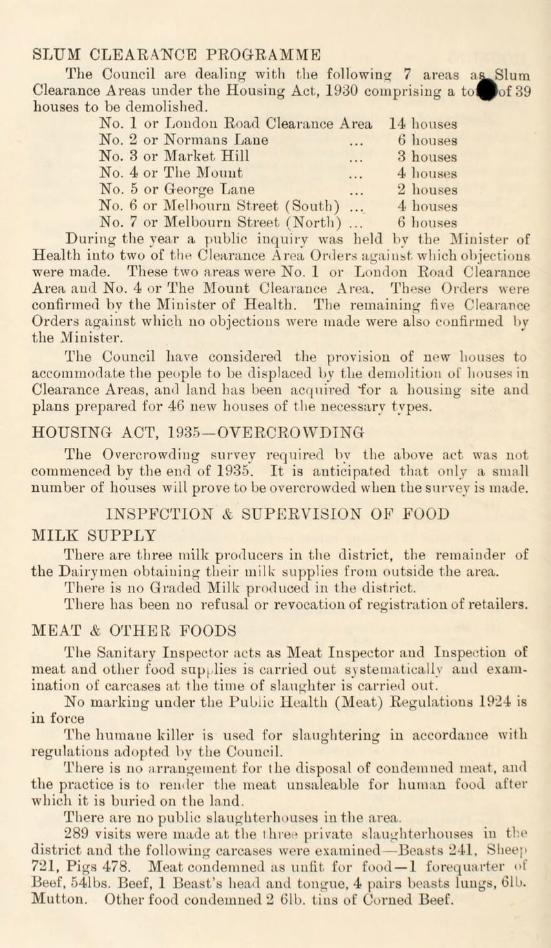 SLUM CLEARANCE PROG-RAMME The Council are dealing with the following 7 areas a^Slum Clearance Areas under the Housing Act, 1930 comprising a to^^of 39 houses to be demolished. No. 1 or Loudon Road Clearance Area 14 houses No. 2 or Normans Lane ... 6 houses No. 3 or Market Hill ... 3 houses No. 4 or The Mount. ... 4 houses No. 5 or George Lane ... 2 houses No. 6 or Melhourn Street (South) ... 4 houses No. 7 or Melbourn Street (North) ... 6 houses During the year a public inquiry was held bv the Minister of Health into two of the Clearance Area Orders against, which objections were made. These two areas were No. 1 or London Road Clearance Area and No. 4 or The Mount Clearance Area. These Orders were confirmed by the Minister of Health. The remaining five Clearance Orders against which no objections were made were also confirmed by the Minister. The Council have considered the provision of new houses to accommodate the people to be displaced by the demolition of houses in Clearance Areas, and land has been acquired for a housing site and plans prepared for 46 new houses of the necessary types. HOUSING ACT, 1935—OVERCROWDING The Overcrowding survey required by the above act was not commenced by the end of 1935. It is anticipated that only a small number of houses will prove to be overcrowded when the survey is made. INSPECTION & SUPERVISION OF FOOD MILK SUPPLY There are three milk producers in the district, the remainder of the Dairymen obtaining their milk supplies from outside the area. There is no Graded Milk produced in the district. There has been no refusal or revocation of registration of retailers. MEAT & OTHER FOODS The Sanitary Inspector acts as Meat Inspector aud Inspection of meat aud other food supplies is carried out systematically and exam¬ ination of carcases at the time of slaughter is carried out. No marking under the Public Health (Meat) Regulations 1924 is in force The humane killer is used for slaughtering in accordance with regulations adopted by the Council. There is no arrangement for lhe disposal of condemned meat, and the practice is to render the meat unsaleable for human food after which it is buried on the land. There are no public slaughterhouses in the area. 289 visits were made at the three private slaughterhouses in the district and the following carcases were examined—Beasts 241, Sheep 721, Pigs 478. Meat condemned as unfit for food —1 forequarter of Beef, 541bs. Beef, 1 Beast’s head and tongue, 4 pairs beasts lungs, 61b.