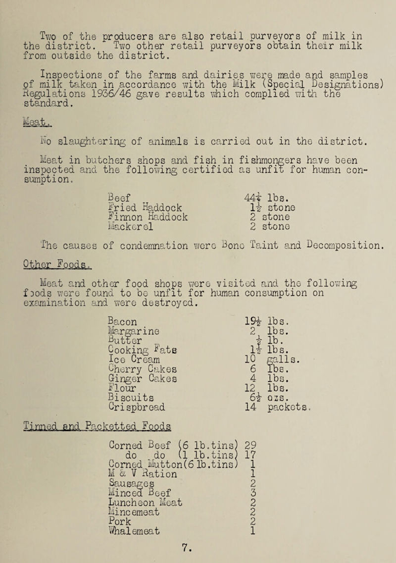 Two of the producers are also retail purveyors of milk in the district. Two other retail purveyors obtain their milk from outside the district. Inspections of the farms and dairies were made and samples of milk taken in accordance with the Milk (Special Designations) Regulations 1936/46 gave results which complied with the standard. Meat,. No slaughtering of animals is carried out in the district. Meat in butchers shops and fish in fishmongers have been inspected and the following certified as unfit for human con¬ sumption. Beef Dried Haddock Rinnon Haddock Mackerel 44i lbs. It stone 2 stone 2 stone The causes of condemnation were Bono Taint and Decomposition. Other Roods, Meat and other food shops were visited and the following fhods were found to be unfit for human consumption on examination and were destroyed. Bacon Margarine Butter Booking Rate Ice Cream Cherry Cakes Dinger Cakes Flour Biscuits Crispbread Tinned and Packetted Roods. 19% lbs. 2 lbs. 1 2 lb. It lbs. 10 galls. 6 lbs. 4 lbs. 12 lbs. 6i QZS. 14 packet Corned Beef (6 lb.tins) 29 do _do (l lb.tins) 17 Corned Mutton(6 lb.tins) 1 M & V Ration 1 Sausages 2 Minced Beef 3 Luncheon Meat 2 Mincemeat 2 Pork 2 Whalemeat 1