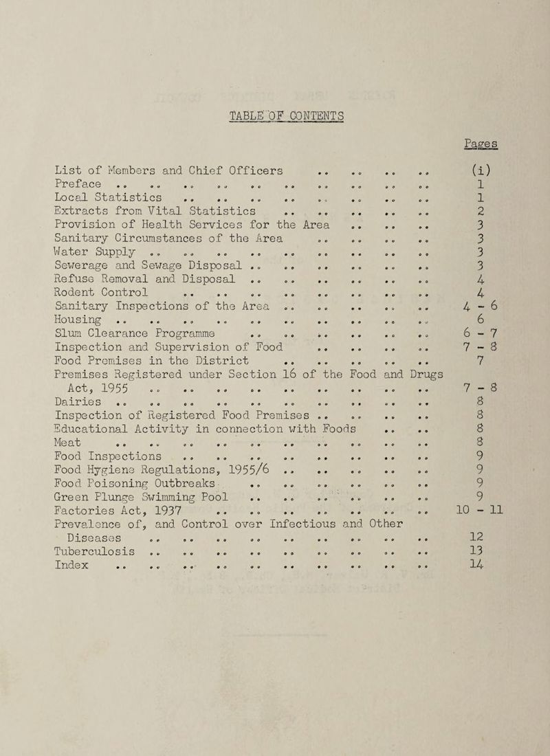 TABLE' 'OF CONTENTS a List of Members and Chief Officers Preface • o «« o & © & o Local Statistics •« •« »» «<> Extracts from Vital Statistics Provision of Health Services for the Are? Sanitary Circumstances of the Area Water Supply Sewerage and Sewage Disposal .. Refuse Removal and Disposal Rodent Control .. Sanitary Inspections of the Area .. Housing Slum Clearance Programme Inspection and Supervision of Food Food Premises in the District Premises Registered under Section 16 of Act, 1955 Dairies «o «« o ° o o «o © o Inspection of Registered Food Premises Educational Activity in connection with Me at 0 9 O €> £> © CO <50 to Food Inspections Food Hygiene Regulations, 1955/6 Food Poisoning Outbreaks Green Plunge Swimming Pool Factories Act, 1937 Prevalence of, and Control over Infectious and Other Diseases Tuberculosis Index .. .. . the Food and Drugs o o • » Foods o o o o o e o o o o o o o o * o Pages (i) 1 1 2 3 3 3 3 4 4 4-6 6 6- 7 7 - S 7 7- 8 8 8 8 8 9 9 9 9 10 - 11 12 13 14
