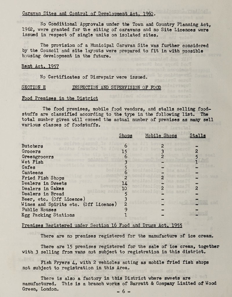 OaXAvaji Sites and Control of PeYelopmeat Act. I960. No Conditional Approvals under the Town and Country Planning Act, 1962, were granted for the siting of caravans and no Site Licences were issued in respect of single units on isolated siteso The provision of a l^nicipal Caravan Site was further considered by the Council and site layouts were prepared to fit in with possible housing development in the futureo Rent Act. 1957 No Certificates of Disrepair were issued. SECTION E INSPECTION AND SUPERVISION OF K)0D Food Premises in the District The food premises, mobile food vendors, and stalls selling food¬ stuffs are classified according to the type in the following list. The total number given will exceed the actuai number of premises as many sell various classes of foodstuffs. S.iaPS ^bU^„Sh(;)pg Stalls Butchers 6 Grocers 15 Greengrocers 6 Wet Fish 3 Cafes 5 Canteens 6 Fried Fish Shops 2 Dealers in Sweets 14 Dealers in Cakes 10 Dealers in Bread 5 Beer, etc. (Off Licence) 3 Wines and Spirits etc. (Off Licence) 2 Public Houses 9 Egg Packing Stations 1 2 3 2 2 2 Premises Registered under Section l6 Food and Drugs Act. 1955 2 5 1 2 There are no premises registered for the manufacture of ice cream. There are 15 premises registered for the sale of ice cream, together with 3 selling from vans not subject to registration in this district. Fish Fryers 4> with 2 vehicles acting as mobile fried fish shops not subject to registration in this Area. There is also a factory in this District where sweets are manufactured. This is a branch works of Barratt & Company Limited of Wood Green, London. r