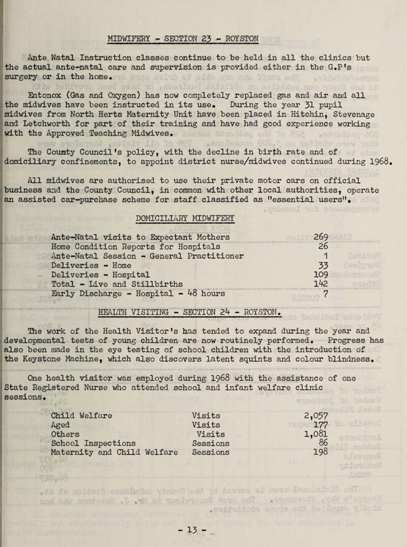 MIDWIFERY - SECTION 23 - ROYSTON Ante Natal Instruction classes continue to be held in all the clinics but the actual ante-natal care and supervision is provided either in the G.P's surgery or in the home* Entonox (Gas and Oxygen) has now completely replaced gas and air and all I the midwives have been instructed in its use* During the year 31 pupil midwives from North Herts Maternity Unit have been placed in Hitchin, Stevenage and Letchworth for part of their training and have had good experience working with the Approved Teaching Midwives* The County Council1s policy, with the decline in birth rate and of domiciliary confinements, to appoint district nurse/midwives continued during 1968* All midwives are authorised to use their private motor cars on official business and the County Council, in common with other local authorities, operate an assisted car-purchase scheme for staff classified as essential users# DOMICILIARY MIDWIFERY Ante-Natal visits to Expectant Mothers 269 Home Condition Reports for Hospitals 26 Ante-Natal Session - General Practitioner 1 Deliveries - Home 33 Deliveries - Hospital 109 Total - Live and Stillbirths 142 Early Discharge - Hospital - 48 hours 7 HEALTH VISITING - SECTION 24 - ROYSTON* The work of the Health Visitor’s has tended to expand during the year and developmental tests of young children are now routinely performed* Progress has also been made in the eye testing of school children with the introduction of the Keystone Machine, which also discovers latent squints and colour blindness* One health visitor was employed during 1968 with the assistance of one State Registered Nurse who attended school and infant welfare clinic sessions. Child Welfare Visits 2,037 Aged Visits 177 Others Visits l,08l School Inspections Sessions 86 Maternity and Child Welfare Sessions 198