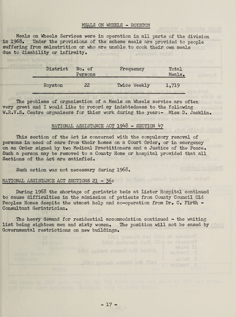 MEALS ON WHEELS - ROYSTON Meals on Wheels Services were in operation in all parts of the division in 1968, Under the provisions of the scheme meals are provided to people suffering from malnutrition or who are unable to cook their own meals due to disability or infirmity. District No. of Persons Frequency Total Meals. Royston 22 Twice Weekly 1,719 The problems of organisation of a Meals on Wheels service are often very great and I would like to record my indebtedness to the following W.R.V.S. Centre organisers for thier work during the year:- Miss D. Jacklin. NATIONAL ASSISTANCE ACT 1948 - SECTION 4? This section of the Act is concerned with the compulsory removal of persons in need of care from their homes on a Court Order, or in emergency on an Order signed by two Medical Practitioners and a Justice of the Peace. Such a person may be removed to a County Home or hospital provided that all Sections of the Act are satisfied. Such action was not necessary during 1968. NATIONAL ASSISTANCE ACT SECTIONS 21 - 36: During 1968 the shortage of geriatric beds at Lister Hospital continued to cause difficulties in the admission of patients from County Council Old Peoples Homes despite the utmost help and co-operation from Dr. C. Firth - Consultant Geriatrician. The heavy demand for residential accommodation continued - the waiting list being eighteen men and sixty women. The position will not be eased by Governmental restrictions on new buildings.