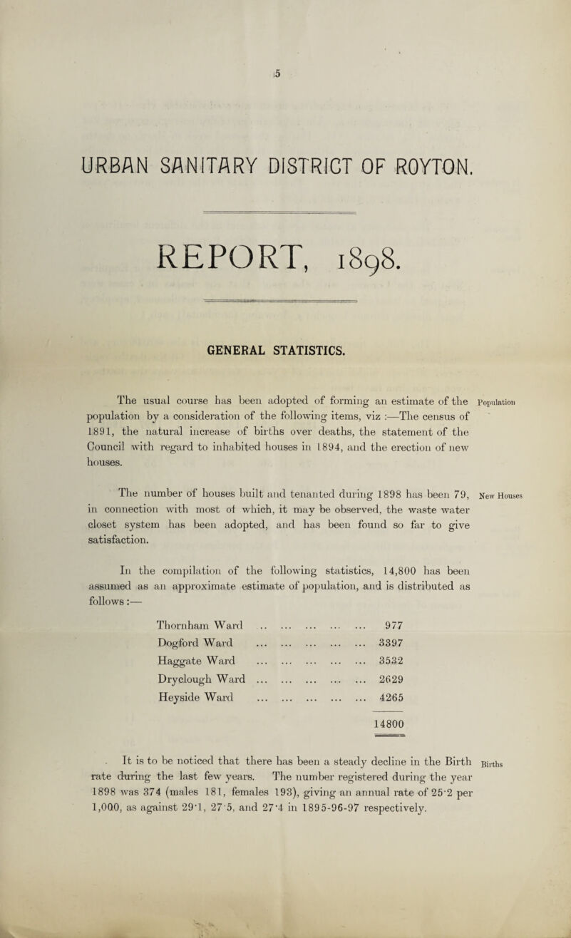 URBAN SANITARY DISTRICT OF ROYTON. REPORT, 1898. GENERAL STATISTICS. The usual course has been adopted of forming an estimate of the population by a consideration of the following items, viz :—The census of 1891, the natural increase of births over deaths, the statement of the Council with regard to inhabited houses in 1894, and the erection of new houses. The number of houses built and tenanted during 1898 has been 79, in connection with most ot which, it may be observed, the waste water closet system has been adopted, and has been found so far to give satisfaction. In the compilation of the following statistics, 14,800 has been assumed as an approximate estimate of population, and is distributed as follows:— Thornham Ward . 977 Dogford Ward . 3397 Haggate Ward . 3532 Dry dough Ward ... . 2629 Hey side Ward . 4265 14800 It is to be noticed that there has been a steady decline in the Birth rate during the last few years. The number registered during the year 1898 was 374 (males 181, females 193), giving an annual rate of 25-2 per 1,000, as against 29T, 27 5, and 27‘4 in 1895-96-97 respectively. Population New Houses Births