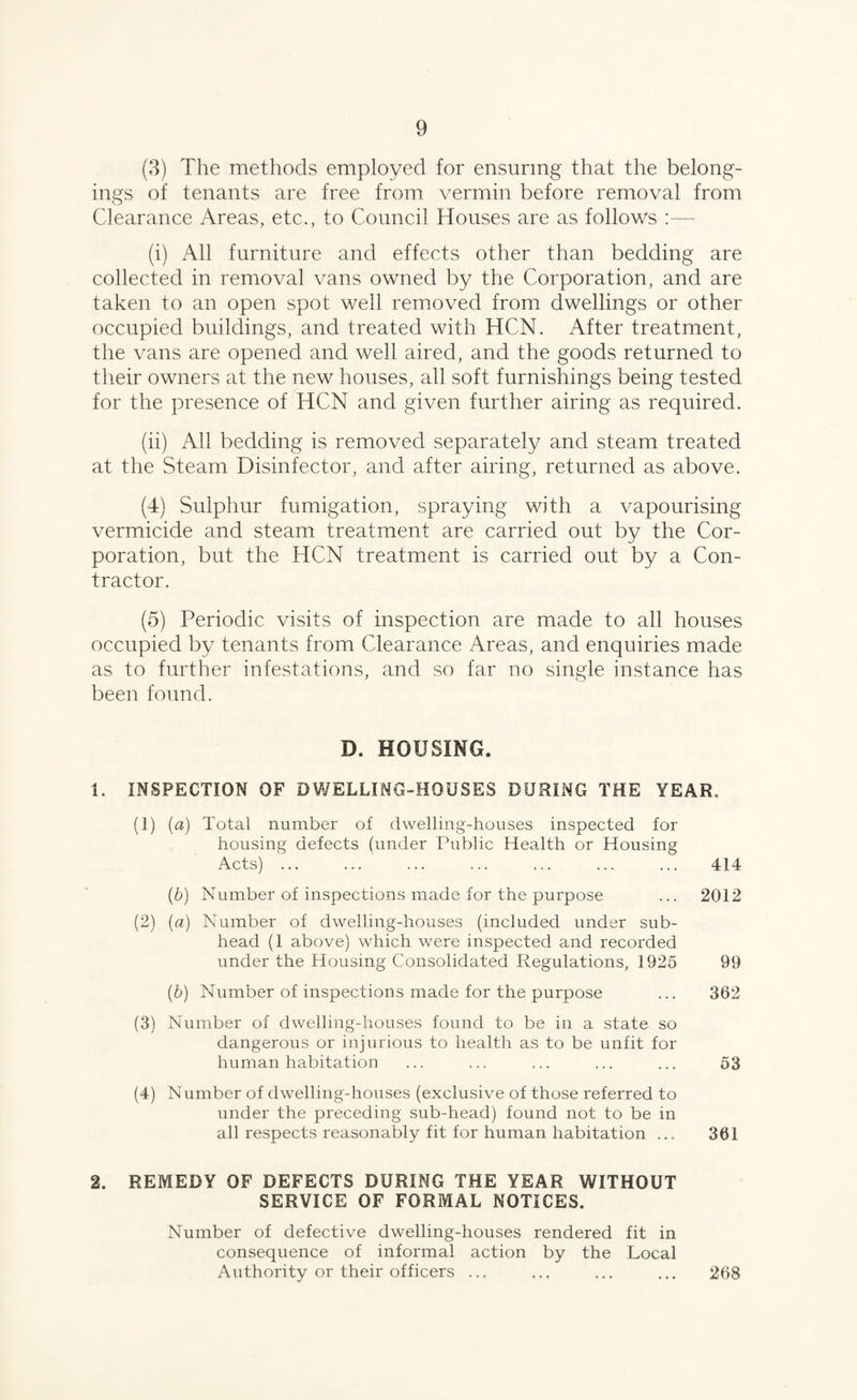 (3) The methods employed for ensuring that the belong¬ ings of tenants are free from vermin before removal from Clearance Areas, etc.., to Council Houses are as follows :—• (i) All furniture and effects other than bedding are collected in removal vans owned by the Corporation, and are taken to an open spot well removed from dwellings or other occupied buildings, and treated with HCN. After treatment, the vans are opened and well aired, and the goods returned to their owners at the new houses, all soft furnishings being tested for the presence of HCN and given further airing as required. (ii) All bedding is removed separately and steam treated at the Steam Disinfector, and after airing, returned as above. (4) Sulphur fumigation, spraying with a vapourising vermicide and steam treatment are carried out by the Cor¬ poration, but the HCN treatment is carried out by a Con¬ tractor. (5) Periodic visits of inspection are made to all houses occupied by tenants from Clearance Areas, and enquiries made as to further infestations, and so far no single instance has been found. D. HOUSING. 1. INSPECTION OF DWELLING-HOUSES DURING THE YEAR. (1) (a) Total number of dwelling-houses inspected for housing defects (under Public Health or Housing Acts) ... ... ... ... ... ... ... 414 (b) Number of inspections made for the purpose ... 2012 (2) (a) Number of dwelling-houses (included under sub¬ head (1 above) which were inspected and recorded under the Housing Consolidated Regulations, 1925 99 (b) Number of inspections made for the purpose ... 362 (3) Number of dwelling-houses found to be in a state so dangerous or injurious to health as to be unfit for human habitation ... ... ... ... ... 53 (4) Number of dwelling-houses (exclusive of those referred to under the preceding sub-head) found not to be in all respects reasonably fit for human habitation ... 361 2. REMEDY OF DEFECTS DURING THE YEAR WITHOUT SERVICE OF FORMAL NOTICES. Number of defective dwelling-houses rendered fit in consequence of informal action by the Local Authority or their officers ... ... ... ... 268