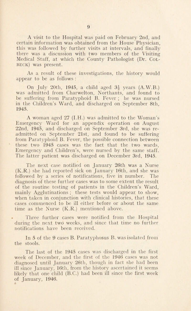 A visit to the Hospital was paid on February 2nd, and certain information was obtained from the House Physician, this was followed by further visits at intervals, and finally there was a discussion with two members of the Visiting Medical Staff, at which the County Pathologist (Dr. Col- beck) was present. As a result of these investigations, the history would appear to be as follows : On July 20th, 1945, a child aged 3| years (A.W.B.) was admitted from Charwelton, Northants, and found to be suffering from Paratyphoid B. Fever ; he was nursed in the Children’s Ward, and discharged on September 8th, 1945. A woman aged 27 (I.H.) was admitted to the Woman’s Emergency Ward for an appendix operation on August 22nd, 1945, and discharged on September 3rd, she was re¬ admitted on September 21st, and found to be suffering from Paratyphoid B. Fever, the possible connection between these two 1945 cases was the fact that the two wards, Emergency and Children’s, were nursed by the same staff. The latter patient was discharged on December 3rd, 1945. The next case notified on January 26th was a Nurse (K.R.) she had reported sick on January 16th, and she was followed by a series of notifications, five in number. The diagnosis of these further cases was to some extent the result of the routine testing of patients in the Children’s Ward, mainly Agglutinations ; these tests would appear to show, when taken in conjunction with clinical histories, that these cases commenced to be ill either before or about the same time as the Nurse (K.R.) mentioned above. Three further cases were notified from the Hospital during the next two weeks, and since that time no further notifications have been received. In 5 of the 9 cases B. Paratyphosus B. was isolated from the stools. The last of the 1945 cases was discharged in the first week of December, and the first of the 1946 cases was not diagnosed until January 26th, though in fact she had been ill since January, 16th, from the history ascertained it seems likely that one child (B.C.) had been ill since the first week of January, 1946.