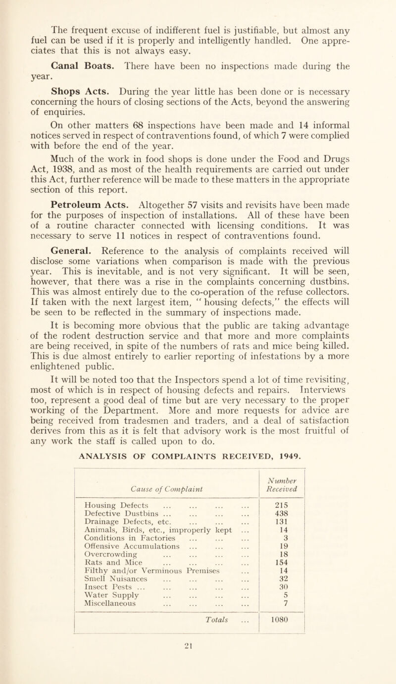 The frequent excuse of indifferent fuel is justifiable, but almost any fuel can be used if it is properly and intelligently handled. One appre¬ ciates that this is not always easy. Canal Boats. There have been no inspections made during the year. Shops Acts. During the year little has been done or is necessary concerning the hours of closing sections of the Acts, beyond the answering of enquiries. On other matters 68 inspections have been made and 14 informal notices served in respect of contraventions found, of which 7 were complied with before the end of the year. Much of the work in food shops is done under the Food and Drugs Act, 1938, and as most of the health requirements are carried out under this Act, further reference will be made to these matters in the appropriate section of this report. Petroleum Acts. Altogether 57 visits and revisits have been made for the purposes of inspection of installations. All of these have been of a routine character connected with licensing conditions. It was necessary to serve 11 notices in respect of contraventions found. General. Reference to the analysis of complaints received will disclose some variations when comparison is made with the previous year. This is inevitable, and is not very significant. It will be seen, however, that there was a rise in the complaints concerning dustbins. This was almost entirely due to the co-operation of the refuse collectors. If taken with the next largest item, “ housing defects,” the effects will be seen to be reflected in the summary of inspections made. It is becoming more obvious that the public are taking advantage of the rodent destruction service and that more and more complaints are being received, in spite of the numbers of rats and mice being killed. This is due almost entirely to earlier reporting of infestations by a more enlightened public. It will be noted too that the Inspectors spend a lot of time revisiting, most of which is in respect of housing defects and repairs. Interviews too, represent a good deal of time but are very necessary to the proper working of the Department. More and more requests for advice are being received from tradesmen and traders, and a deal of satisfaction derives from this as it is felt that advisory work is the most fruitful of any work the staff is called upon to do. ANALYSIS OF COMPLAINTS RECEIVED, 1949. Cause of Complaint Number Received Housing Defects 215 Defective Dustbins ... 438 Drainage Defects, etc. 131 Animals, Birds, etc., improperly kept 14 Conditions in Factories 3 Offensive Accumulations 19 Overcrowding 18 Rats and Mice 154 Filthy and/or Verminous Premises 14 Smell Nuisances 32 Insect Pests ... 30 Water Supply 5 Miscellaneous 7 Totals 1080