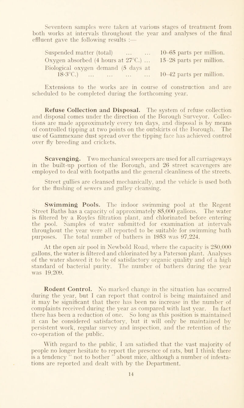 Seventeen samples were taken at various stages of treatment from both works at intervals throughout the year and analyses of the final effluent gave the following results :— Suspended matter (total) ... ... 10-65 parts per million. Oxygen absorbed (4 hours at 27°C.) ... 15-28 parts per million. Biological oxygen demand (5 days at 18-3°C.) ... ... ... ... 10-42 parts per million. Extensions to the works are in course of construction and are scheduled to be completed during the forthcoming year. Refuse Collection and Disposal. The system of refuse collection and disposal comes under the direction of the Borough Surveyor. Collec¬ tions are made approximately every ten days, and disposal is by means of controlled tipping at two points on the outskirts of the Borough. The use of Gammexane dust spread over the tipping face has achieved control over fly breeding and crickets. Scavenging. Two mechanical sweepers are used for all carriageways in the built-up portion of the Borough, and 26 street scavengers are employed to deal with footpaths and the general cleanliness of the streets. Street gullies are cleansed mechanically, and the vehicle is used both for the flushing of sewers and gulley cleansing. Swimming Pools. The indoor swimming pool at the Regent Street Baths has a capacity of approximately 85,000 gallons. The water is filtered by a Royles filtration plant, and chlorinated before entering the pool. Samples of water submitted for examination at intervals throughout the year were ail reported to be suitable for swimming bath purposes. The total number of bathers in 1953 was 97,224. At the open air pool in Newbold Road, where the capacity is 250,000 gallons, the water is filtered and chlorinated by a Paterson plant. Analyses of the water showed it to be of satisfactory organic quality and of a high standard of bacterial purity. The number of bathers during the year was 19,209. Rodent Control. No marked change in the situation has occurred during the year, but I can report that control is being maintained and it may be significant that there has been no increase in the number of complaints received during the year as compared with last year. In fact there has been a reduction of one. So long as this position is maintained it can be considered satisfactory, but it will only be maintained by persistent work, regular survey and inspection, and the retention of the co-operation of the public. With regard to the public, 1 am satisfied that the vast majority of people no longer hesitate to report the presence of rats, but 1 think there is a tendency “ not to bother ” about mice, although a number of infesta¬ tions are reported and dealt with by the Department.