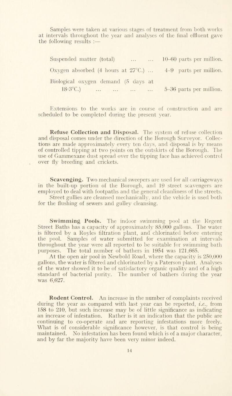 Samples were taken at various stages of treatment from both works at intervals throughout the year and analyses of the final effluent gave the following results :— Suspended matter (total) Oxygen absorbed (4 hours at 27CC.) ... Biological oxygen demand (5 days at 18*3°C.) ... 10-60 parts per million. 4- 9 parts per million. 5- 36 parts per million. Extensions to the works are in course of construction and are scheduled to be completed during the present year. Refuse Collection and Disposal. The system of refuse collection and disposal comes under the direction of the Borough Surveyor. Collec¬ tions are made approximately every ten days, and disposal is by means of controlled tipping at two points on the outskirts of the Borough. The use of Gammexane dust spread over the tipping face has achieved control over fly breeding and crickets. Scavenging, Two mechanical sweepers are used for all carriageways in the built-up portion of the Borough, and 19 street scavengers are employed to deal with footpaths and the general cleanliness of the streets. Street gullies are cleansed mechanically, and the vehicle is used both for the flushing of sewers and gulley cleansing. Swimming Pools. The indoor swimming pool at the Regent Street Baths has a capacity of approximately 85,000 gallons. The water is filtered by a Royles filtration plant, and chlorinated before entering the pool. Samples of water submitted for examination at intervals throughout the year were all reported to be suitable for swimming bath purposes. The total number of bathers in 1954 was 121,665. At the open air pool in Newbold Road, where the capacity is 250,000 gallons, the water is filtered and chlorinated by a Paterson plant. Analyses of the water showed it to be of satisfactory organic quality and of a high standard of bacterial purity. The number of bathers during the year was 6,627. Rodent Control. An increase in the number of complaints received during the year as compared with last year can be reported, i.e., from 158 to 210, but such increase may be of little significance as indicating an increase of infestation. Rather is it an indication that the public are continuing to co-operate and are reporting infestations more freely. What is of considerable significance however, is that control is being maintained. No infestation has been found which is of a major character, and by far the majority have been very minor indeed.