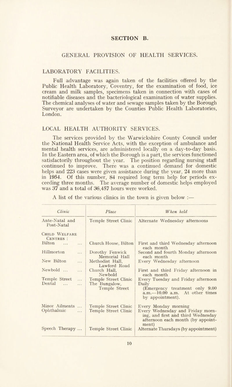 GENERAL PROVISION OF HEALTH SERVICES. LABORATORY FACILITIES. Full advantage was again taken of the facilities offered by the Public Health Laboratory, Coventry, for the examination of food, ice cream and milk samples, specimens taken in connection with cases of notifiable diseases and the bacteriological examination of water supplies. The chemical analyses of water and sewage samples taken by the Borough Surveyor are undertaken by the Counties Public Health Laboratories, London. LOCAL HEALTH AUTHORITY SERVICES. The services provided by the Warwickshire County Council under the National Health Service Acts, with the exception of ambulance and mental health services, are administered locally on a day-to-day basis. In the Eastern area, of which the Borough is a part, the services functioned satisfactorily throughout the year. The position regarding nursing staff continued to improve. There was a continued demand for domestic helps and 223 cases were given assistance during the year, 24 more than in 1954. Of this number, 84 required long term help for periods ex¬ ceeding three months. The average number of domestic helps employed was 37 and a total of 36,457 hours were worked. A list of the various clinics in the town is given below :— Clinic Place When held Ante-Natal and Temple Street Clinic Alternate Wednesday afternoons Post-Natal Child Welfare Centres : Bilton Church House, Bilton First and third Wednesday afternoon each month Hillmorton Dorothy Fenwick Second and fourth Monday afternoon Memorial Hall each month New Bilton Methodist Hall, Every Wednesday afternoon Lawford Road Newbold ... Church Hall, First and third Friday afternoon in Newbold each month Temple Street Temple Street Clinic Every Tuesday and Friday afternoon Dental The Bungalow, Daily Temple Street (Emergency treatment only 9.00 a.m.—10.00 a.m. At other times by appointment). Minor Ailments ... Temple Street Clinic Every Monday morning Ophthalmic Temple Street Clinic Every Wednesday and Friday morn¬ ing, and first and third Wednesday afternoon each month (by appoint¬ ment) Alternate Thursdays (by appointment) Speech Therapy ... Temple Street Clinic