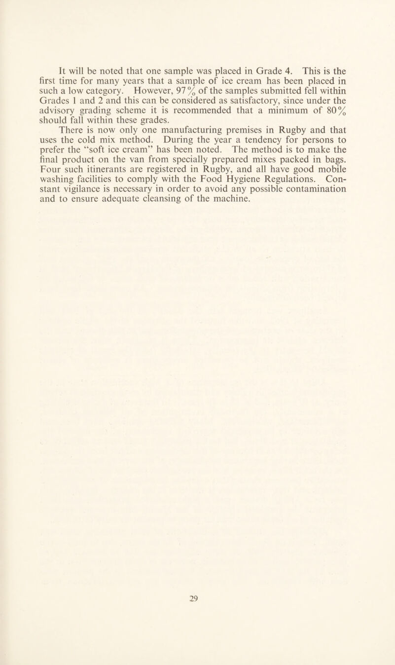 It will be noted that one sample was placed in Grade 4. This is the first time for many years that a sample of ice cream has been placed in such a low category. However, 97 % of the samples submitted fell within Grades 1 and 2 and this can be considered as satisfactory, since under the advisory grading scheme it is recommended that a minimum of 80% should fall within these grades. There is now only one manufacturing premises in Rugby and that uses the cold mix method. During the year a tendency for persons to prefer the “soft ice cream” has been noted. The method is to make the final product on the van from specially prepared mixes packed in bags. Four such itinerants are registered in Rugby, and all have good mobile washing facilities to comply with the Food Hygiene Regulations. Con¬ stant vigilance is necessary in order to avoid any possible contamination and to ensure adequate cleansing of the machine.