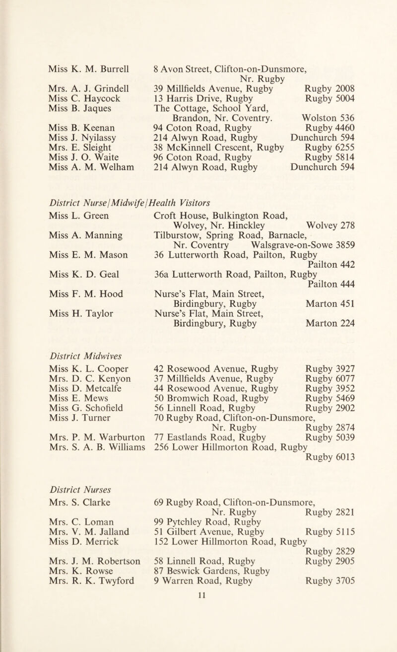 Miss K. M. Burrell Mrs. A. J. Grindell Miss C. Haycock Miss B. Jaques Miss B. Keenan Miss J. Nyilassy Mrs. E. Sleight Miss J. O. Waite Miss A. M. Welham 8 Avon Street, Clifton-on-Dunsmore, Nr. Rugby 39 Millfields Avenue, Rugby 13 Harris Drive, Rugby The Cottage, School Yard, Brandon, Nr. Coventry. 94 Coton Road, Rugby 214 Alwyn Road, Rugby 38 McKinnell Crescent, Rugby 96 Coton Road, Rugby 214 Alwyn Road, Rugby Rugby 2008 Rugby 5004 Wolston 536 Rugby 4460 Dunchurch 594 Rugby 6255 Rugby 5814 Dunchurch 594 District Nurse I Midwife j Health Visitors Miss L. Green Miss A. Manning Miss E. M. Mason Miss K. D. Geal Miss F. M. Hood Miss H. Taylor Croft House, Bulkington Road, Wolvey, Nr. Hinckley Wolvey 278 Tilburstow, Spring Road, Barnacle, Nr. Coventry Walsgrave-on-Sowe 3859 36 Lutterworth Road, Pailton, Rugby Pailton 442 36a Lutterworth Road, Pailton, Rugby Pailton 444 Nurse’s Flat, Main Street, Birdingbury, Rugby Marton 451 Nurse’s Flat, Main Street, Birdingbury, Rugby Marton 224 District Midwives Miss K. L. Cooper Mrs. D. C. Kenyon Miss D. Metcalfe Miss E. Mews Miss G. Schofield Miss J. Turner Mrs. P. M. Warburton Mrs. S. A. B. Williams 42 Rosewood Avenue, Rugby 37 Millfields Avenue, Rugby 44 Rosewood Avenue, Rugby 50 Bromwich Road, Rugby 56 Linnell Road, Rugby 70 Rugby Road, Clifton-on-Dunsmore, Nr. Rugby Rugby 2874 77 Eastlands Road, Rugby Rugby 5039 256 Lower Hillmorton Road, Rugby Rugby 6013 Rugby 3927 Rugby 6077 Rugby 3952 Rugby 5469 Rugby 2902 District Nurses Mrs. S. Clarke Mrs. C. Loman Mrs. V. M. Jalland Miss D. Merrick Mrs. J. M. Robertson Mrs. K. Rowse Mrs. R. K. Twyford 69 Rugby Road, Clifton-on-Dunsmore, Nr. Rugby Rugby 2821 99 Pytchley Road, Rugby 51 Gilbert Avenue, Rugby Rugby 5115 152 Lower Hillmorton Road, Rugby Rugby 2829 58 Linnell Road, Rugby Rugby 2905 87 Beswick Gardens, Rugby 9 Warren Road, Rugby Rugby 3705