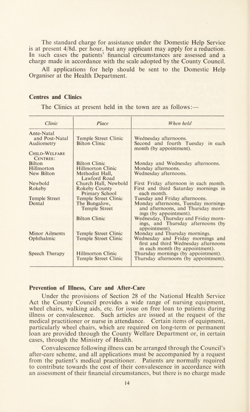 The standard charge for assistance under the Domestic Help Service is at present 4/8d. per hour, but any applicant may apply for a reduction. In such cases the patients’ financial circumstances are assessed and a charge made in accordance with the scale adopted by the County Council. All applications for help should be sent to the Domestic Help Organiser at the Health Department. Centres and Clinics The Clinics at present held in the town are as follows:— Clinic Place When held Ante-Natal and Post-Natal Temple Street Clinic Wednesday afternoons. Audiometry Bilton Clinic Second and fourth Tuesday in each month (by appointment). Child-Welfare Centres : Bilton Bilton Clinic Monday and Wednesday afternoons. Hillmorton Hillmorton Clinic Monday afternoons. New Bilton Methodist Hall, Lawford Road Wednesday afternoons. Newbold Church Hall, Newbold First Friday afternoon in each month. Rokeby Rokeby County Primary School First and third Saturday mornings in each month. Temple Street Temple Street Clinic Tuesday and Friday afternoons. Dental The Bungalow, Temple Street Bilton Clinic Monday afternoons, Tuesday mornings and afternoons, and Thursday morn¬ ings (by appointment). Wednesday, Thursday and Friday morn¬ ings, and Thursday afternoons (by appointment). Minor Ailments Temple Street Clinic Monday and Thursday mornings. Ophthalmic Temple Street Clinic Wednesday and Friday mornings and first and third Wednesday afternoons in each month (by appointment). Speech Therapy Hillmorton Clinic Temple Street Clinic Thursday mornings (by appointment). Thursday afternoons (by appointment). Prevention of Illness, Care and After-Care Under the provisions of Section 28 of the National Health Service Act the County Council provides a wide range of nursing equipment, wheel chairs, walking aids, etc. for issue on free loan to patients during illness or convalescence. Such articles are issued at the request of the medical practitioner or nurse in attendance. Certain items of equipment, particularly wheel chairs, which are required on long-term or permanent loan are provided through the County Welfare Department or, in certain cases, through the Ministry of Health. Convalescence following illness can be arranged through the Council’s after-care scheme, and all applications must be accompanied by a request from the patient’s medical practitioner. Patients are normally required to contribute towards the cost of their convalescence in accordance with an assessment of their financial circumstances, but there is no charge made