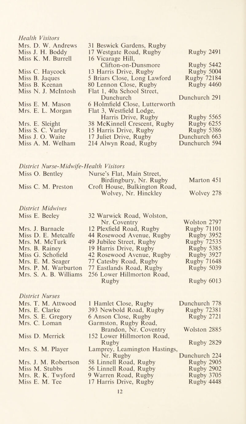 Health Visitors Mrs. D. W. Andrews Miss J. H. Boddy Miss K. M. Burrell Miss C. Haycock Miss B. Jaques Miss B. Keenan Miss N. J. McIntosh Miss E. M. Mason Mrs. E. L. Morgan Mrs. E. Sleight Miss S. C. Varley Miss J. O. Waite Miss A. M. Welham 31 Beswick Gardens, Rugby 17 Westgate Road, Rugby 16 Vicarage Hill, Clifton-on-Dunsmore 13 Harris Drive, Rugby 5 Briars Close, Long Lawford 80 Lennon Close, Rugby Flat 1, 40a School Street, Dunchurch 6 Holmfield Close, Lutterworth Flat 3, Westfield Lodge, Harris Drive, Rugby 38 McKinnell Crescent, Rugby 15 Harris Drive, Rugby 17 Juliet Drive, Rugby 214 Alwyn Road, Rugby District Nurse-Midwife-Health Visitors Miss O. Bentley Nurse’s Flat, Main Street, Birdingbury, Nr. Rugby Miss C. M. Preston Croft House, Bulkington Road, Wolvey, Nr. Hinckley District Midwives Miss E. Beeley Mrs. J. Barnacle Miss D. E. Metcalfe Mrs. M. McTurk Mrs. B. Rainey Miss G. Schofield Mrs. E. M. Seager Mrs. P. M. Warburton Mrs. S. A. B. Williams 32 Warwick Road, Wolston, Nr. Coventry 12 Plexfield Road, Rugby 44 Rosewood Avenue, Rugby 49 Jubilee Street, Rugby 19 Harris Drive, Rugby 42 Rosewood Avenue, Rugby 77 Catesby Road, Rugby 77 Eastlands Road, Rugby 256 Lower Hillmorton Road, Rugby District Nurses Mrs. T. M. Attwood Mrs. E. Clarke Mrs. S. E. Gregory Mrs. C. Loman Miss D. Merrick Mrs. S. M. Player Mrs. J. M. Robertson Miss M. Stubbs Mrs. R. K. Twyford Miss E. M. Tee 1 Hamlet Close, Rugby 393 Newbold Road, Rugby 6 Anson Close, Rugby Garmston, Rugby Road, Brandon, Nr. Coventry 152 Lower Hillmorton Road, Rugby Lamprey, Leamington Hastings, Nr. Rugby 58 Linnell Road, Rugby 56 Linnell Road, Rugby 9 Warren Road, Rugby 17 Harris Drive, Rugby Rugby 2491 Rugby 5442 Rugby 5004 Rugby 72184 Rugby 4460 Dunchurch 291 Rugby 5565 Rugby 6255 Rugby 5386 Dunchurch 663 Dunchurch 594 Marton 451 Wolvey 278 Wolston 2797 Rugby 71101 Rugby 3952 Rugby 72535 Rugby 5385 Rugby 3927 Rugby 71648 Rugby 5039 Rugby 6013 Dunchurch 778 Rugby 72381 Rugby 2721 Wolston 2885 Rugby 2829 Dunchurch 224 Rugby 2905 Rugby 2902 Rugby 3705 Rugby 4448