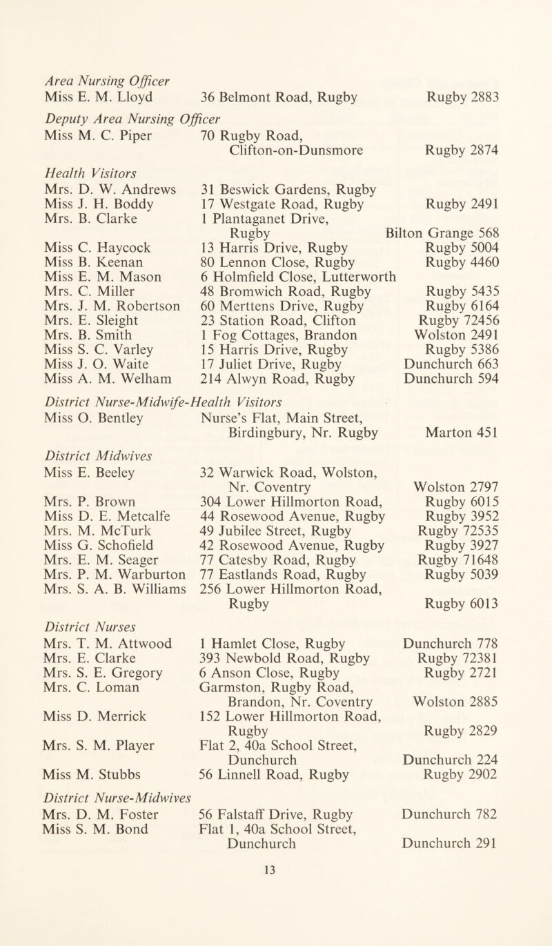 Area Nursing Officer Miss E. M. Lloyd 36 Belmont Road, Rugby Rugby 2883 Deputy Area Nursing Officer Miss M. C. Piper 70 Rugby Road, Clifton-on-Dunsmore Rugby 2874 Health Visitors Mrs. D. W. Andrews Miss J. H. Boddy Mrs. B. Clarke Miss C. Haycock Miss B. Keenan Miss E. M. Mason Mrs. C. Miller Mrs. J. M. Robertson Mrs. E. Sleight Mrs. B. Smith Miss S. C. Varley Miss J. O. Waite Miss A. M. Welham 31 Beswick Gardens, Rugby 17 Westgate Road, Rugby 1 Plantaganet Drive, Rugby 13 Harris Drive, Rugby 80 Lennon Close, Rugby 6 Holmfield Close, Lutterworth 48 Bromwich Road, Rugby 60 Merttens Drive, Rugby 23 Station Road, Clifton 1 Fog Cottages, Brandon 15 Harris Drive, Rugby 17 Juliet Drive, Rugby 214 Alwyn Road, Rugby Rugby 2491 Bilton Grange 568 Rugby 5004 Rugby 4460 Rugby 5435 Rugby 6164 Rugby 72456 Wolston 2491 Rugby 5386 Dunchurch 663 Dunchurch 594 District Nurse-Midwife-Health Visitors Miss O. Bentley Nurse’s Flat, Main Street, Birdingbury, Nr. Rugby Marton 451 District Midwives Miss E. Beeley Mrs. P. Brown Miss D. E. Metcalfe Mrs. M. McTurk Miss G. Schofield Mrs. E. M. Seager Mrs. P. M. Warburton Mrs. S. A. B. Williams District Nurses Mrs. T. M. Attwood Mrs. E. Clarke Mrs. S. E. Gregory Mrs. C. Loman Miss D. Merrick Mrs. S. M. Player Miss M. Stubbs 32 Warwick Road, Wolston, Nr. Coventry 304 Lower Hillmorton Road, 44 Rosewood Avenue, Rugby 49 Jubilee Street, Rugby 42 Rosewood Avenue, Rugby 77 Catesby Road, Rugby 77 Eastlands Road, Rugby 256 Lower Hillmorton Road, Rugby 1 Hamlet Close, Rugby 393 Newbold Road, Rugby 6 Anson Close, Rugby Garmston, Rugby Road, Brandon, Nr. Coventry 152 Lower Hillmorton Road, Rugby Flat 2, 40a School Street, Dunchurch 56 Linnell Road, Rugby Wolston 2797 Rugby 6015 Rugby 3952 Rugby 72535 Rugby 3927 Rugby 71648 Rugby 5039 Rugby 6013 Dunchurch 778 Rugby 72381 Rugby 2721 Wolston 2885 Rugby 2829 Dunchurch 224 Rugby 2902 District Nurse-Midwives Mrs. D. M. Foster 56 Falstalf Drive, Rugby Dunchurch 782 Miss S. M. Bond Flat 1, 40a School Street, Dunchurch Dunchurch 291