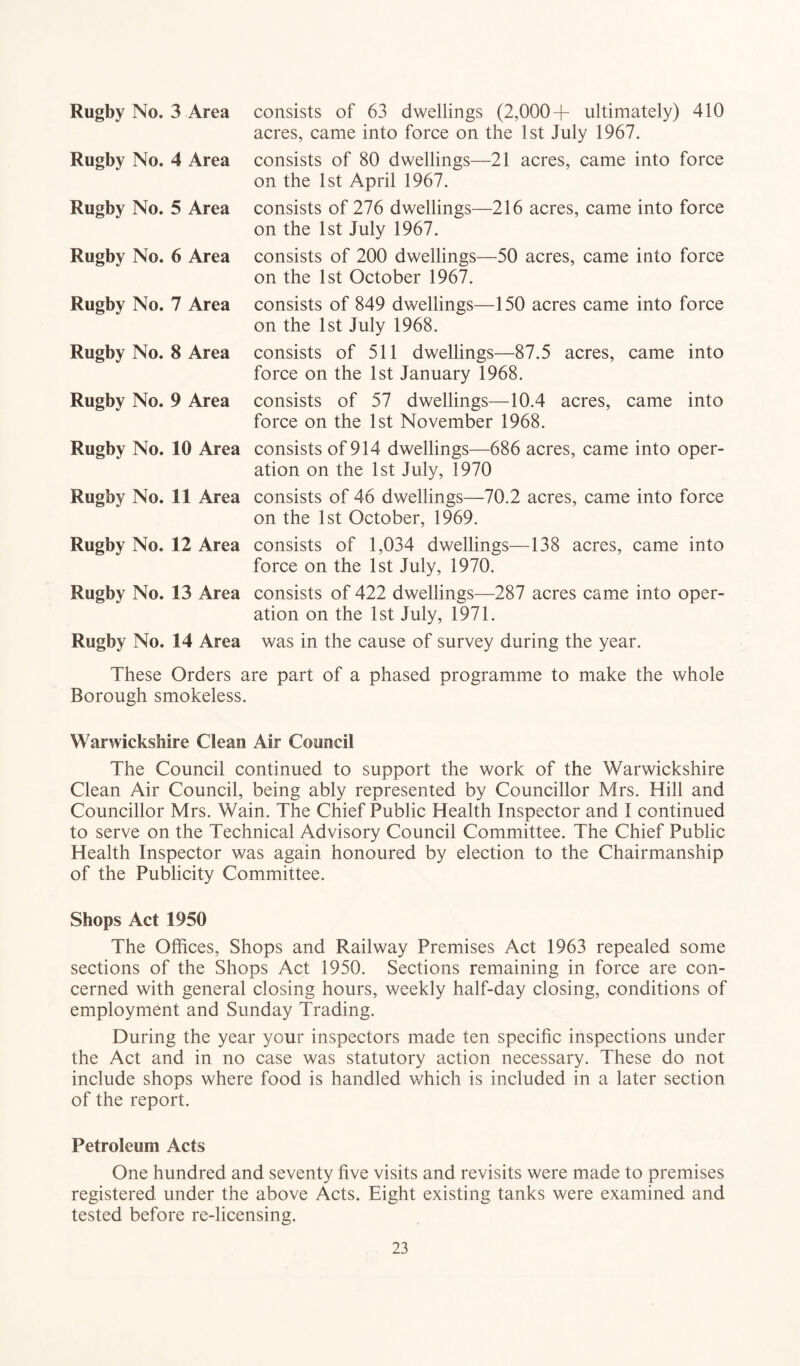 Rugby No. 3 Area Rugby No. 4 Area Rugby No. 5 Area Rugby No. 6 Area Rugby No. 7 Area Rugby No. 8 Area Rugby No. 9 Area Rugby No. 10 Area Rugby No. 11 Area Rugby No. 12 Area Rugby No. 13 Area Rugby No. 14 Area consists of 63 dwellings (2,000+ ultimately) 410 acres, came into force on the 1st July 1967. consists of 80 dwellings—21 acres, came into force on the 1st April 1967. consists of 276 dwellings—216 acres, came into force on the 1st July 1967. consists of 200 dwellings—50 acres, came into force on the 1st October 1967. consists of 849 dwellings—150 acres came into force on the 1st July 1968. consists of 511 dwellings—87.5 acres, came into force on the 1st January 1968. consists of 57 dwellings—10.4 acres, came into force on the 1st November 1968. consists of 914 dwellings—686 acres, came into oper¬ ation on the 1st July, 1970 consists of 46 dwellings—70.2 acres, came into force on the 1st October, 1969. consists of 1,034 dwellings—138 acres, came into force on the 1st July, 1970. consists of 422 dwellings—287 acres came into oper¬ ation on the 1st July, 1971. was in the cause of survey during the year. These Orders are part of a phased programme to make the whole Borough smokeless. Warwickshire Clean Air Council The Council continued to support the work of the Warwickshire Clean Air Council, being ably represented by Councillor Mrs. Hill and Councillor Mrs. Wain. The Chief Public Health Inspector and I continued to serve on the Technical Advisory Council Committee. The Chief Public Health Inspector was again honoured by election to the Chairmanship of the Publicity Committee. Shops Act 1950 The Offices, Shops and Railway Premises Act 1963 repealed some sections of the Shops Act 1950. Sections remaining in force are con¬ cerned with general closing hours, weekly half-day closing, conditions of employment and Sunday Trading. During the year your inspectors made ten specific inspections under the Act and in no case was statutory action necessary. These do not include shops where food is handled which is included in a later section of the report. Petroleum Acts One hundred and seventy five visits and revisits were made to premises registered under the above Acts. Eight existing tanks were examined and tested before re-licensing.