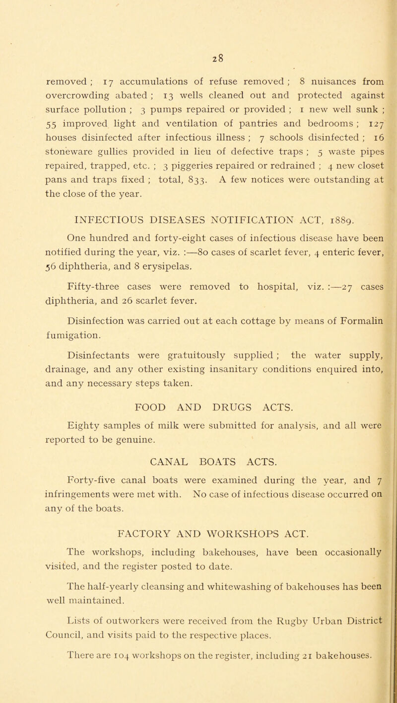 removed ; 17 accumulations of refuse removed ; 8 nuisances from overcrowding abated ; 13 wells cleaned out and protected against surface pollution ; 3 pumps repaired or provided ; 1 new well sunk ; 55 improved light and ventilation of pantries and bedrooms ; 127 houses disinfected after infectious illness ; 7 schools disinfected ; 16 stoneware gullies provided in lieu of defective traps ; 5 waste pipes repaired, trapped, etc. ; 3 piggeries repaired or redrained ; 4 new closet pans and traps fixed ; total, 833. A few notices were outstanding at the close of the year. INFECTIOUS DISEASES NOTIFICATION ACT, 1889. One hundred and forty-eight cases of infectious disease have been notified during the year, viz. :—80 cases of scarlet fever, 4 enteric fever, 56 diphtheria, and 8 erysipelas. Fifty-three cases were removed to hospital, viz. :—27 cases diphtheria, and 26 scarlet fever. Disinfection was carried out at each cottage by means of Formalin fumigation. Disinfectants were gratuitously supplied ; the water supply, drainage, and any other existing insanitary conditions enquired into, and any necessary steps taken. FOOD AND DRUGS ACTS. Eighty samples of milk were submitted for analysis, and all were reported to be genuine. CANAL BOATS ACTS. Forty-five canal boats were examined during the year, and 7 infringements were met with. No case of infectious disease occurred on any of the boats. FACTORY AND WORKSHOPS ACT. The workshops, including bakehouses, have been occasionally visited, and the register posted to date. The half-yearly cleansing and whitewashing of bakehouses has been well maintained. Lists of outworkers were received from the Rugby Urban District Council, and visits paid to the respective places. There are 104 workshops on the register, including 21 bakehouses.