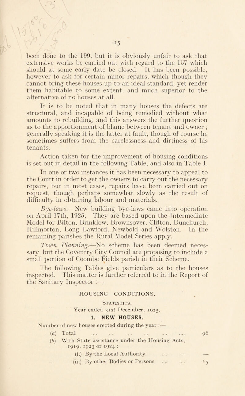 been done to the 199, but it is obviously unfair to ask that extensive works be carried out with regard to the 157 which should at some early date be closed. It has been possible, however to ask for certain minor repairs, which though they cannot bring these houses up to an ideal standard, yet render them habitable to some extent, and much superior to the alternative of no houses at all. It is to be noted that in many houses the defects are structural, and incapable of being remedied without what amounts to rebuilding, and this answers the further question as to the apportionment of blame between tenant and owner ; generally speaking it is the latter at fault, though of course he sometimes suffers from the carelessness and dirtiness of his tenants. Action taken for the improvement of housing conditions is set out in detail in the following Table, and also in Table I. In one or two instances it has been necessary to appeal to the Court in order to get the owners to carry out the necessary repairs, but in most cases, repairs have been carried out on request, though perhaps somewhat slowly as the result of difficulty in obtaining labour and materials. Bye-laws.—New building bye-laws came into operation on April 17th, 1925, They are based upon the Intermediate Model for Bilton, Brinklow, Brownsover, Clifton, Dunchurch, Hillmorton, Long Lawford, Newbold and Wolston. In the remaining parishes the Rural Model Series apply. Town Planning.—No scheme has been deemed neces¬ sary, but the Coventry City Council are proposing to include a small portion of Coombe Fields parish in their Scheme. The following Tables give particulars as to the houses inspected. This matter is further referred to in the Report of the Sanitary Inspector :— HOUSING CONDITIONS. Statistics. Year ended 31st December, 1925. 1.—NEW HOUSES. Number of new houses erected during the year :— (a) Total .... .... .... .... .... .... 96 (b) With State assistance under the Housing Acts, 1919, 1923 or 1924 : (i.) By-the Local Authority .... .... — (ii.) By other Bodies or Persons .... .... 65