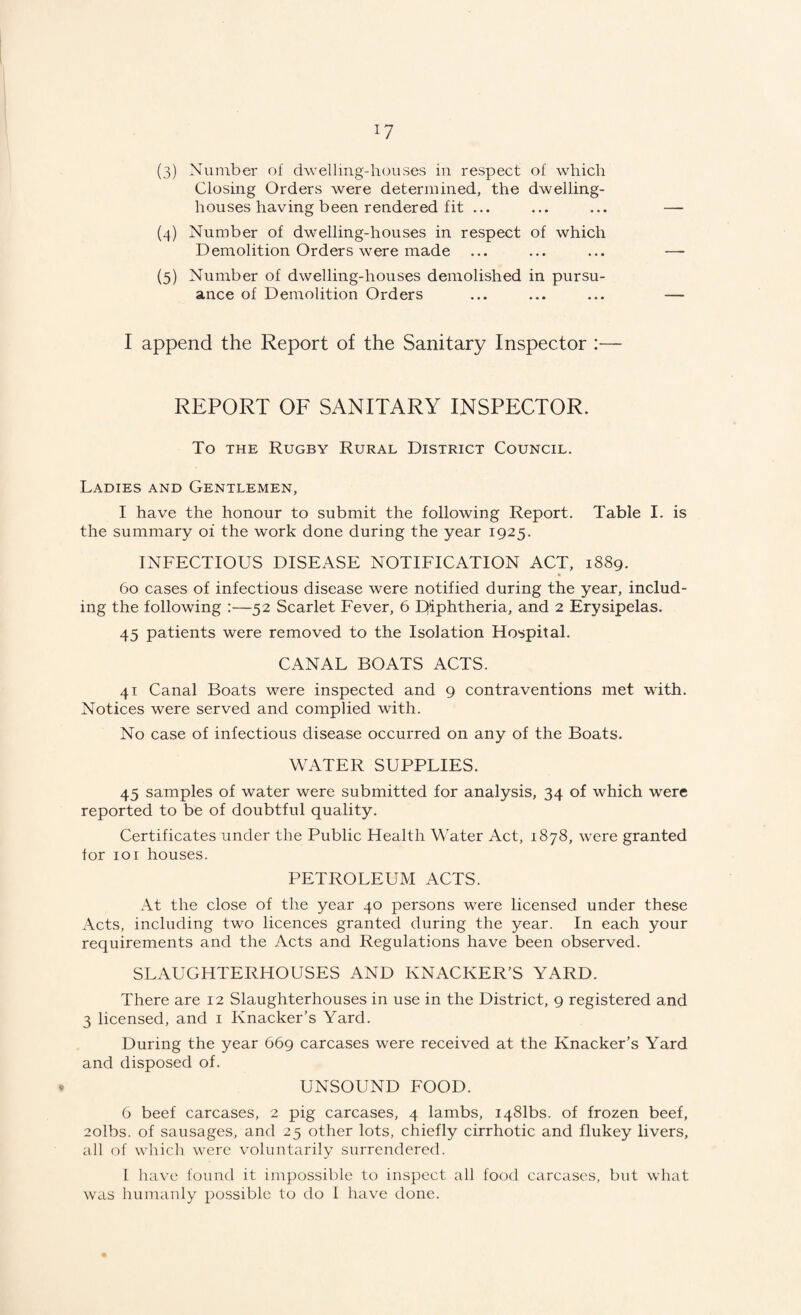 (3) Number of dwelling-houses in respect of which Closing Orders were determined, the dwelling- houses having been rendered fit ... (4) Number of dwelling-houses in respect of which Demolition Orders were made ... (5) Number of dwelling-houses demolished in pursu¬ ance of Demolition Orders I append the Report of the Sanitary Inspector :— REPORT OF SANITARY INSPECTOR. To the Rugby Rural District Council. Ladies and Gentlemen, I have the honour to submit the following Report. Table I. is the summary of the work done during the year 1925. INFECTIOUS DISEASE NOTIFICATION ACT, 1889. 60 cases of infectious disease were notified during the year, includ¬ ing the following :—52 Scarlet Fever, 6 Diphtheria, and 2 Erysipelas. 45 patients were removed to the Isolation Hospital. CANAL BOATS ACTS. 41 Canal Boats were inspected and 9 contraventions met with. Notices were served and complied with. No case of infectious disease occurred on any of the Boats. WATER SUPPLIES. 45 samples of water were submitted for analysis, 34 of which were reported to be of doubtful quality. Certificates under the Public Health Water Act, 1878, were granted tor 101 houses. PETROLEUM ACTS. At the close of the year 40 persons were licensed under these Acts, including two licences granted during the year. In each your requirements and the Acts and Regulations have been observed. SLAUGHTERHOUSES AND KNACKER’S YARD. There are 12 Slaughterhouses in use in the District, 9 registered and 3 licensed, and 1 Knacker’s Yard. During the year 669 carcases were received at the Knacker’s Yard and disposed of. UNSOUND FOOD. 6 beef carcases, 2 pig carcases, 4 lambs, i481bs. of frozen beef, 2olbs. of sausages, and 25 other lots, chiefly cirrhotic and flukey livers, all of which were voluntarily surrendered. 1 have found it impossible to inspect all food carcases, but what