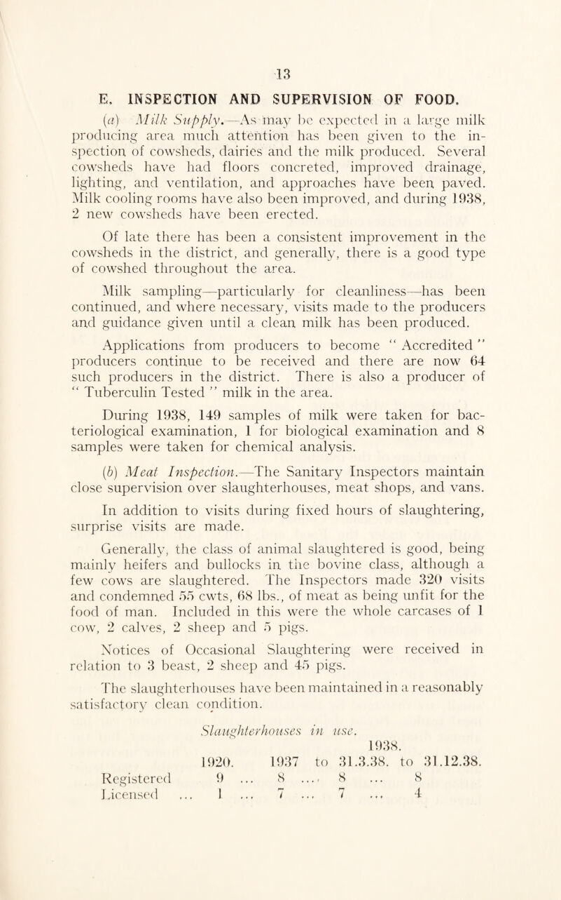 E, INSPECTION AND SUPERVISION OF FOOD. (a) Milk Slip ply,—As may be expected in a large milk producing area much attention has been given to the in¬ spection of cowsheds, dairies and the milk produced. Several cowsheds have had floors concreted, improved drainage, lighting, and ventilation, and approaches have been paved. Milk cooling rooms have also been improved, and during 1938, 2 new cowsheds have been erected. Of late there has been a consistent improvement in the cowsheds in the district, and generally, there is a good type of cowshed throughout the area. Milk sampling—particularly for cleanliness—has been continued, and where necessary, visits made to the producers and guidance given until a clean milk has been produced. Applications from producers to become “ Accredited ” producers continue to be received and there are now 64 such producers in the district. There is also a producer of “ Tuberculin Tested ” milk in the area. During 1938, 149 samples of milk were taken for bac¬ teriological examination, 1 for biological examination and 8 samples were taken for chemical analysis. (b) Meat Inspection.—The Sanitary Inspectors maintain close supervision over slaughterhouses, meat shops, and vans. In addition to visits during fixed hours of slaughtering, surprise visits are made. Generally, the class of animal slaughtered is good, being mainly heifers and bullocks in the bovine class, although a few cows are slaughtered. The Inspectors made 320 visits and condemned 55 cwts, 68 lbs., of meat as being unfit for the food of man. Included in this were the whole carcases of 1 cow, 2 calves, 2 sheep and 5 pigs. Notices of Occasional Slaughtering were received in relation to 3 beast, 2 sheep and 45 pigs. The slaughterhouses have been maintained in a reasonably satisfactory clean condition. Slaughterhouses in use. 1920. 1937 Registered 9 ... 8 Licensed ... I ... 7 8 8 4