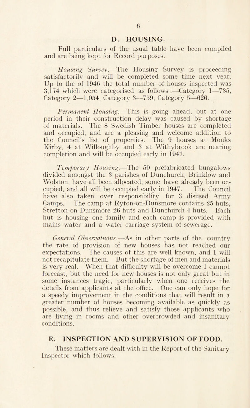 D. HOUSING. Full particulars of the usual table have been compiled and are being kept for Record purposes. Housing Survey.—The Housing Survey is proceeding satisfactorily and will be completed some time next year. Up to the of 1946 the total number of houses inspected was 3,174 which were categorised as follows Category 1—735, Category 2—1,054, Category 3—759, Category 5—626. Permanent Housing.—This is going ahead, but at one period in their construction delay was caused by shortage of materials. The 8 Swedish Timber houses are completed and occupied, and are a pleasing and welcome addition to the Council’s list of properties. The 9 houses at Monks Kirby, 4 at Willoughby and 3 at Withybrook are nearing completion and will be occupied early in 1947. Temporary Housing.—The 50 prefabricated bungalows divided amongst the 3 parishes of I)unchurch, Brinklow and Wolston, have all been allocated; some have already been oc¬ cupied, and all will be occupied early in 1947. The Council have also taken over responsibility for 3 disused Army Camps. The camp at Ryton-on-Dunsmore contains 25 huts, Stretton-on-Dunsmore 26 huts and Dunchurch 4 huts. Each hut is housing one family and each camp is provided with mains water and a water carriage system of sewerage. General Observatuons.—As in other parts of the country the rate of provision of new houses has not reached our expectations. The causes of this are well known, and 1 will not recapitulate them. But the shortage of men and materials is very real. When that difficulty will be overcome I cannot forecast, but the need for new houses is not only great but in some instances tragic, particularly when one receives the details from applicants at the office. One can only hope for a speedy improvement in the conditions that will result in a greater number of houses becoming available as quickly as possible, and thus relieve and satisfy those applicants who are living in rooms and other overcrowded and insanitary conditions. E. INSPECTION AND SUPERVISION OF FOOD. These matters are dealt with in the Report of the Sanitary Inspector which follows.