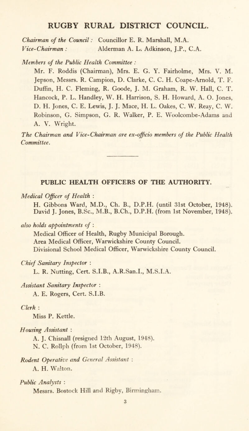 RUGBY RURAL DISTRICT COUNCIL. Chairman of the Council: Councillor E. R. Marshall, M.A. Vice-Chairman : Alderman A. Li Adkinson, J.P., C.A. Members of the Public Health Committee : Mr. F. Roddis (Chairman), Mrs. E. G. Y. Fairholme, Mrs. V. M. Jepson, Messrs. R. Campion, D. Clarke, C. C. H. Coape-Arnold, T. F. Duffin, H. C. Fleming, R. Goode, J. M. Graham, R. W. Hall, C. T. Hancock, P. L. Handley, W. H. Harrison, S. H. Howard, A. O. Jones, D. H. Jones, C. E. Lewis, J. J. Mace, H. L. Oakes, C. W. Reay, C. W. Robinson, G. Simpson, G. R. Walker, P. E. Woolcombe-Adams and A. V. Wright. The Chairman and Vice-Chairman are ex-officio members of the Public Health Committee. PUBLIC HEALTH OFFICERS OF THE AUTHORITY. Medical Officer of Health : H. Gibbons Ward, M.D., Ch. B., D.P.H. (until 31st October, 1948). David J. Jones, B.Sc., M.B., B.Ch., D.P.H. (from 1st November, 1948). also holds appointments of : Medical Officer of Health, Rugby Municipal Borough. Area Medical Officer, Warwickshire County Council. Divisional School Medical Officer, Warwickshire County Council. Chief Sanitary Inspector : L. R. Nutting, Cert. S.I.B., A.R.San.I., M.S.I.A. Assistant Sanitary Inspector : A. E. Rogers, Cert. S.I.B. Clerk : Miss P. Kettle. Housing Assistant : A. J. Chisnall (resigned 12th August, 1948). N. C. Rollph (from 1st October, 1948). Rodent Operative and General Assistant : A. H. Walton. Public Analysts : Messrs. Bostock Hill and Rigby, Birmingham.