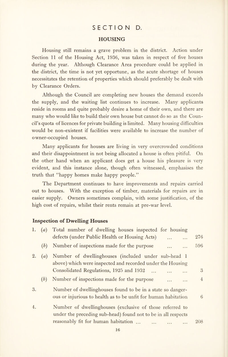 HOUSING Housing still remains a grave problem in the district. Action under Section 11 of the Housing Act, 1936, was taken in respect of five houses during the year. Although Clearance Area procedure could be applied in the district, the time is not yet opportune, as the acute shortage of houses necessitates the retention of properties which should preferably be dealt with by Clearance Orders. Although the Council are completing new houses the demand exceeds the supply, and the waiting list continues to increase. Many applicants reside in rooms and quite probably desire a home of their own, and there are many who would like to build their own house but cannot do so as the Coun¬ cil’s quota of licences for private building is limited. Many housing difficulties would be non-existent if facilities were available to increase the number of owner-occupied houses. Many applicants for houses are living in very overcrowded conditions and their disappointment in not being allocated a house is often pitiful. On the other hand when an applicant does get a house his pleasure is very evident, and this instance alone, though often witnessed, emphasises the truth that “happy homes make happy people.” The Department continues to have improvements and repairs carried out to houses. With the exception of timber, materials for repairs are in easier supply. Owners sometimes complain, with some justification, of the high cost of repairs, whilst their rents remain at pre-war level. Inspection of Dwelling Houses 1. (a) Total number of dwelling houses inspected for housing defects (under Public Health or Housing Acts) ... ... 276 (b) Number of inspections made for the purpose ... ... 596 2. (a) Number of dwellinghouses (included under sub-head 1 above) which were inspected and recorded under the Housing Consolidated Regulations, 1925 and 1932 ... ... ... 3 (b) Number of inspections made for the purpose ... ... 4 3. Number of dwellinghouses found to be in a state so danger¬ ous or injurious to health as to be unfit for human habitation 6 4. Number of dwellinghouses (exclusive of those referred to under the preceding sub-head) found not to be in all respects reasonably fit for human habitation ... ... ... ... 208