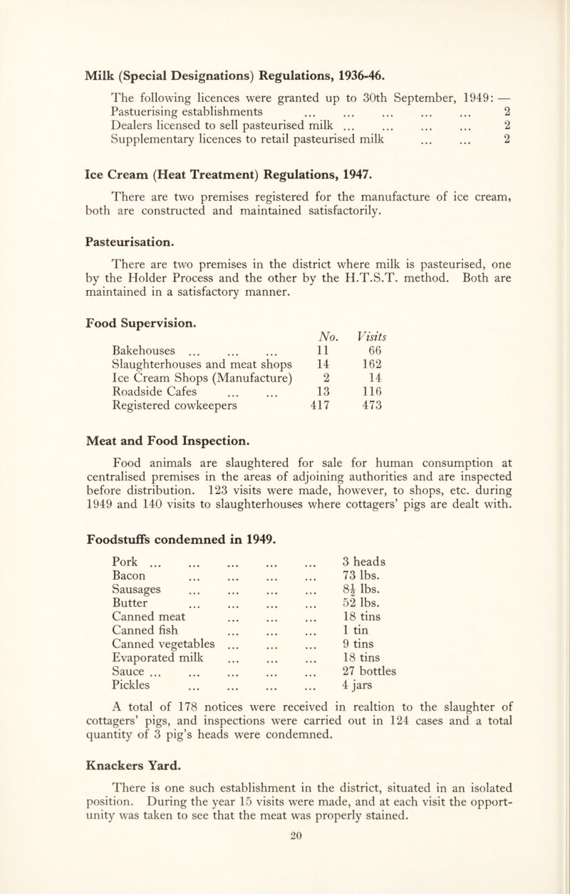 Milk (Special Designations) Regulations, 1936-46. The following licences were granted up to 30th September, 1949: — Pastuerising establishments ... ... ... ... ... 2 Dealers licensed to sell pasteurised milk ... ... ... ... 2 Supplementary licences to retail pasteurised milk ... ... 2 Ice Cream (Heat Treatment) Regulations, 1947. There are two premises registered for the manufacture of ice cream, both are constructed and maintained satisfactorily. Pasteurisation. There are two premises in the district where milk is pasteurised, one by the Holder Process and the other by the H.T.S.T. method. Both are maintained in a satisfactory manner. Food Supervision. No. Visits Bakehouses ... 11 66 Slaughterhouses and meat shops 14 162 Ice Cream Shops (Manufacture) 2 14 Roadside Cafes 13 116 Registered cowkeepers 417 473 Meat and Food Inspection. Food animals are slaughtered for sale for human consumption at centralised premises in the areas of adjoining authorities and are inspected before distribution. 123 visits were made, however, to shops, etc. during 1949 and 140 visits to slaughterhouses where cottagers’ pigs are dealt with. Foodstuffs condemned in 1949. Pork ... ... ... ... ... 3 heads Bacon ... ... ... ... 73 lbs. Sausages ... ... ... ... 8J lbs. Butter ... ... ... ... 52 lbs. Canned meat ... ... ... 18 tins Canned fish ... ... ... 1 tin Canned vegetables ... ... ... 9 tins Evaporated milk ... ... ... 18 tins Sauce ... ... ... ... ... 27 bottles Pickles ... ... ... ... 4 jars A total of 178 notices were received in realtion to the slaughter of cottagers’ pigs, and inspections were carried out in 124 cases and a total quantity of 3 pig’s heads were condemned. Knackers Yard. There is one such establishment in the district, situated in an isolated position. During the year 15 visits were made, and at each visit the opport¬ unity was taken to see that the meat was properly stained.