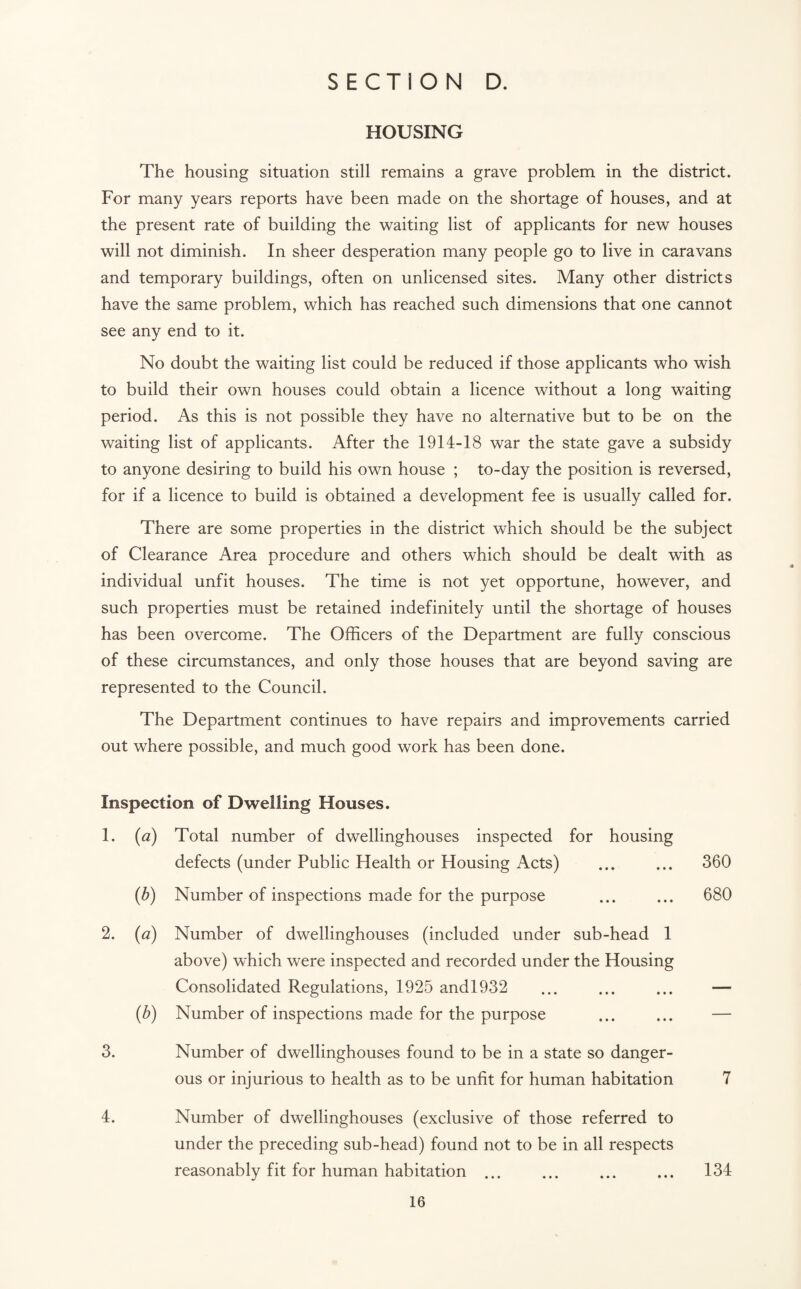 HOUSING The housing situation still remains a grave problem in the district. For many years reports have been made on the shortage of houses, and at the present rate of building the waiting list of applicants for new houses will not diminish. In sheer desperation many people go to live in caravans and temporary buildings, often on unlicensed sites. Many other districts have the same problem, which has reached such dimensions that one cannot see any end to it. No doubt the waiting list could be reduced if those applicants who wish to build their own houses could obtain a licence without a long waiting period. As this is not possible they have no alternative but to be on the waiting list of applicants. After the 1914-18 war the state gave a subsidy to anyone desiring to build his own house ; to-day the position is reversed, for if a licence to build is obtained a development fee is usually called for. There are some properties in the district which should be the subject of Clearance Area procedure and others which should be dealt with as individual unfit houses. The time is not yet opportune, however, and such properties must be retained indefinitely until the shortage of houses has been overcome. The Officers of the Department are fully conscious of these circumstances, and only those houses that are beyond saving are represented to the Council. The Department continues to have repairs and improvements carried out where possible, and much good work has been done. Inspection of Dwelling Houses. 1. (a) Total number of dwellinghouses inspected for housing defects (under Public Health or Housing Acts) ... ... 360 (<b) Number of inspections made for the purpose ... ... 680 2. (a) Number of dwellinghouses (included under sub-head 1 above) which were inspected and recorded under the Housing Consolidated Regulations, 1925 andl932 ... ... ... — (b) Number of inspections made for the purpose ... ... — 3. Number of dwellinghouses found to be in a state so danger¬ ous or injurious to health as to be unfit for human habitation 7 4. Number of dwellinghouses (exclusive of those referred to under the preceding sub-head) found not to be in all respects reasonably fit for human habitation ... ... ... ... 134
