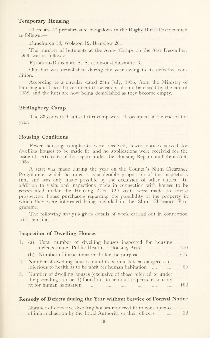 Temporary Housing 'There are 50 prefabricated bungalows in the Rugby Rural District sited as follows:— Dunchurch 18, Wolston 12, Brinklow 20. 'The number of hutments at the Army Camps on the 31st December, 1956, was as follows:—- Ryton-on-Dunsmore 8, Stretton-on-Dunsmore 3. One hut was demolished during the year owing to its defective con¬ dition. According to a circular dated 25th July, 1956, from the Ministry of Housing and Local Government these camps should be closed by the end of 1958, and the huts are now being demolished as they become empty. Birdingbury Camp 'The 33 converted huts at this camp were all occupied at the end of the year. Housing Conditions Fewer housing complaints were received, fewer notices served for dwelling houses to be made fit, and no applications were received for the issue of certificates of Disrepair under the Housing Repairs and Rents Act, 1954. A start was made during the year on the Council’s Slum Clearance Programme, which occupied a considerable proportion of the inspector’s time and was only made possible by the exclusion of other duties. In addition to visits and inspections made in connection with houses to be represented under the Housing Acts, 129 visits were made to advise prospective house purchasers regarding the possibility of the property in which they were interested being included in the Slum Clearance Pro¬ gramme. The following analysis gives details of work carried out in connection with housing:— Inspection of Dwelling Houses 1. (a) Total number of dwelling houses inspected for housing defects (under Public Health or Housing Acts) . . 250 (b) Number of inspections made for the purpose . . 607 2. Number of dwelling houses found to be in a state so dangerous or injurious to health as to be unfit for human habitation . . 69 3. Number of dwelling houses (exclusive of those referred to under the preceding sub-head) found not to be in all respects reasonably fit for human habitation . . . . . . 162 Remedy of Defects during the Year without Service of Formal Notice Number of defective dwelling houses rendered fit in consequence of informal action by the Local Authority or their officers . 32