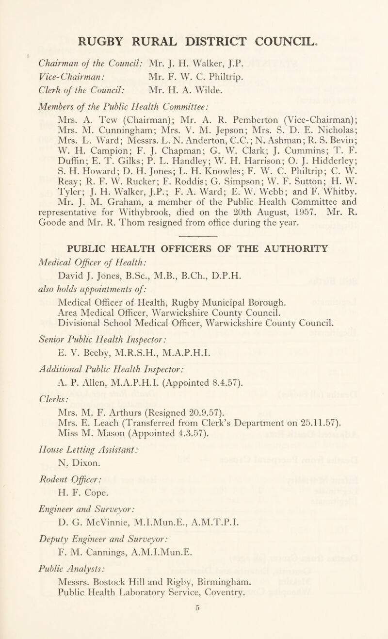 Chairman of the Council: Mr. J. H. Walker, J.P. Vice-Chairman: Mr. F. W. C. Philtrip. Clerk of the Council: Mr. H. A. Wilde. Members of the Public Health Committee: Airs. A. Tew (Chairman); Mr. A. R. Pemberton (Vice-Chairman); Mrs. M. Cunningham; Mrs. V. M. Jepson; Mrs. S. D. E. Nicholas; Airs. L. Ward; Messrs. L. N. Anderton, C.C.; N. Ashman; R. S. Bevin; W. H. Campion; F. J. Chapman; G. W. Clark; J. Cummins; T. F. Duffin; E. T. Gilks; P. L. Handley; W. H. Harrison; O. J. Hidderley; S. H. Howard; D. H. Jones; L. H. Knowles; F. W. C. Philtrip; C. W. Reay; R. F. W. Rucker; F. Roddis; G. Simpson; W. F. Sutton; FI. W. Tyler; J. H. Walker, J.P.; F. A. Ward; E. W. Webb; and F. Whitby. Mr. J. AI. Graham, a member of the Public Health Committee and representative for Withybrook, died on the 20th August, 1957. Mr. R. Goode and Mr. R. Thom resigned from office during the year. PUBLIC HEALTH OFFICERS OF THE AUTHORITY Medical Officer of Health: David J. Jones, B.Sc., M.B., B.Ch., D.P.H. also holds appointments of: Medical Officer of Health, Rugby Municipal Borough. Area Medical Officer, Warwickshire County Council. Divisional School Medical Officer, Warwickshire County Council. Senior Public Health Inspector: E. V. Beeby, M.R.S.H., M.A.P.H.I. Additional Public Health Inspector: A. P. Allen, M.A.P.H.I. (Appointed 8.4.57). Clerks: Mrs. M. F. Arthurs (Resigned 20.9.57). Mrs. E. Leach (Transferred from Clerk’s Department on 25.11.57). Miss M. Mason (Appointed 4.3.57). House Letting Assistant: N. Dixon. Rodent Officer: H. F. Cope. Engineer and Surveyor: D. G. McVinnie, M.I.Mun.E., A.M.T.P.I. Deputy Engineer and Surveyor: F. M. Cannings, A.M.I.Mun.E. Public Analysts: Messrs. Bostock Hill and Rigby, Birmingham. Public Health Laboratory Service, Coventry.