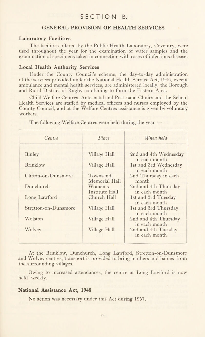 GENERAL PROVISION OF HEALTH SERVICES Laboratory Facilities The facilities offered by the Public Health Laboratory, Coventry, were used throughout the year for the examination of water samples and the examination of specimens taken in connection with cases of infectious disease. Local Health Authority Services Under the County Council’s scheme, the day-to-day administration of the services provided under the National Health Service Act, 1946, except ambulance and mental health services, are administered locally, the Borough and Rural District of Rugby combining to form the Eastern Area. Child Welfare Centres, Ante-natal and Post-natal Clinics and the School Health Services are staffed by medical officers and nurses employed by the County Council, and at the Welfare Centres assistance is given by voluntary workers. The following Welfare Centres were held during the year:— Centre Place When held Binley Village Hall 2nd and 4th Wednesday in each month Brinklow Village Hall 1st and 3rd Wednesday in each month Clifton-on-Dunsmore Townsend Memorial Hall 2nd Thursday in each month Dunchurch Women’s Institute Hall 2nd and 4th Thursday in each month Long Lawford Church Hall 1st and 3rd Tuesday in each month Stretton-on-Dunsmore Village Hall 1st and 3rd Thursday in each month Wolston Village Hall 2nd and 4th Thursday in each month Wolvey Village Hall 2nd and 4th Tuesday in each month At the Brinklow, Dunchurch, Long Lawford, Stretton-on-Dunsmore and Wolvey centres, transport is provided to bring mothers and babies from the surrounding villages. Owing to increased attendances, the centre at Long Lawford is now held weekly. National Assistance Act, 1948 No action was necessary under this Act during 1957.