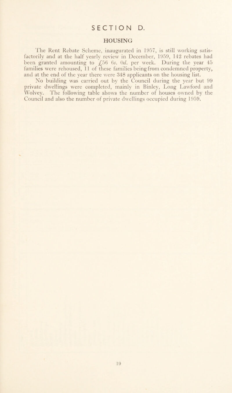 HOUSING The Rent Rebate Scheme, inaugurated in 1957, is still working satis¬ factorily and at the half yearly review in December, 1959, 142 rebates had been granted amounting to .£56 6s. 0d. per week. During the year 45 families were rehoused, 11 of these families being from condemned property, and at the end of the year there were 348 applicants on the housing list. No building was carried out by the Council during the year but 99 private dwellings were completed, mainly in Binley, Long Lawford and Wolvey. The following table shows the number of houses owned by the Council and also the number of private dwellings occupied during 1959.