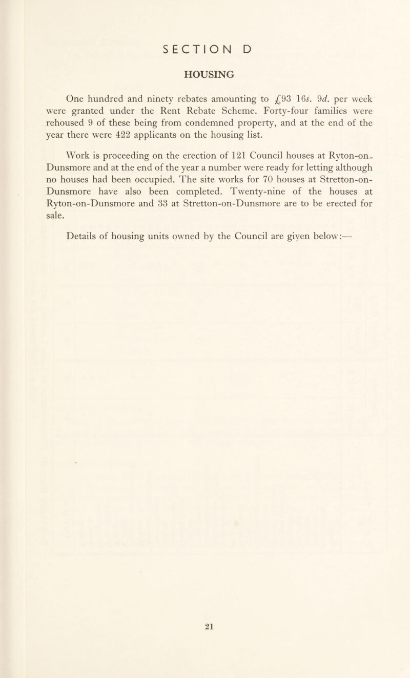 HOUSING One hundred and ninety rebates amounting to .£93 16,y. 9d. per week were granted under the Rent Rebate Scheme. Forty-four families were rehoused 9 of these being from condemned property, and at the end of the year there were 422 applicants on the housing list. Work is proceeding on the erection of 121 Council houses at Ryton-on_ Dunsmore and at the end of the year a number were ready for letting although no houses had been occupied. The site works for 70 houses at Stretton-on- Dunsmore have also been completed. Twenty-nine of the houses at Ryton-on-Dunsmore and 33 at Stretton-on-Dunsmore are to be erected for sale. Details of housing units owned by the Council are given below:—