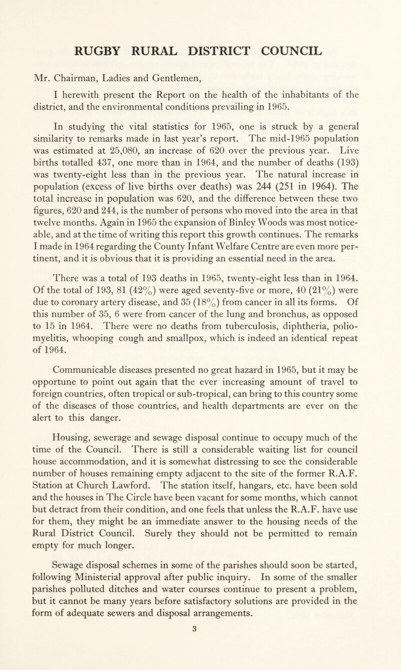 Mr. Chairman, Ladies and Gentlemen, I herewith present the Report on the health of the inhabitants of the district, and the environmental conditions prevailing in 1965. In studying the vital statistics for 1965, one is struck by a general similarity to remarks made in last year’s report. The mid-1965 population was estimated at 25,080, an increase of 620 over the previous year. Live births totalled 437, one more than in 1964, and the number of deaths (193) was twenty-eight less than in the previous year. The natural increase in population (excess of live births over deaths) was 244 (251 in 1964). The total increase in population was 620, and the difference between these two figures, 620 and 244, is the number of persons who moved into the area in that twelve months. Again in 1965 the expansion of Binley Woods was most notice¬ able, and at the time of writing this report this growth continues. The remarks I made in 1964 regarding the County Infant Welfare Centre are even more per¬ tinent, and it is obvious that it is providing an essential need in the area. There was a total of 193 deaths in 1965, twenty-eight less than in 1964. Of the total of 193, 81 (42%) were aged seventy-five or more, 40 (21%) were due to coronary artery disease, and 35 (18%) from cancer in all its forms. Of this number of 35, 6 were from cancer of the lung and bronchus, as opposed to 15 in 1964. There were no deaths from tuberculosis, diphtheria, polio¬ myelitis, whooping cough and smallpox, which is indeed an identical repeat of 1964. Communicable diseases presented no great hazard in 1965, but it may be opportune to point out again that the ever increasing amount of travel to foreign countries, often tropical or sub-tropical, can bring to this country some of the diseases of those countries, and health departments are ever on the alert to this danger. Housing, sewerage and sewage disposal continue to occupy much of the time of the Council. There is still a considerable waiting list for council house accommodation, and it is somewhat distressing to see the considerable number of houses remaining empty adjacent to the site of the former R.A.F. Station at Church Lawford. The station itself, hangars, etc. have been sold and the houses in The Circle have been vacant for some months, which cannot but detract from their condition, and one feels that unless the R.A.F. have use for them, they might be an immediate answer to the housing needs of the Rural District Council. Surely they should not be permitted to remain empty for much longer. Sewage disposal schemes in some of the parishes should soon be started, following Ministerial approval after public inquiry. In some of the smaller parishes polluted ditches and water courses continue to present a problem, but it cannot be many years before satisfactory solutions are provided in the form of adequate sewers and disposal arrangements.