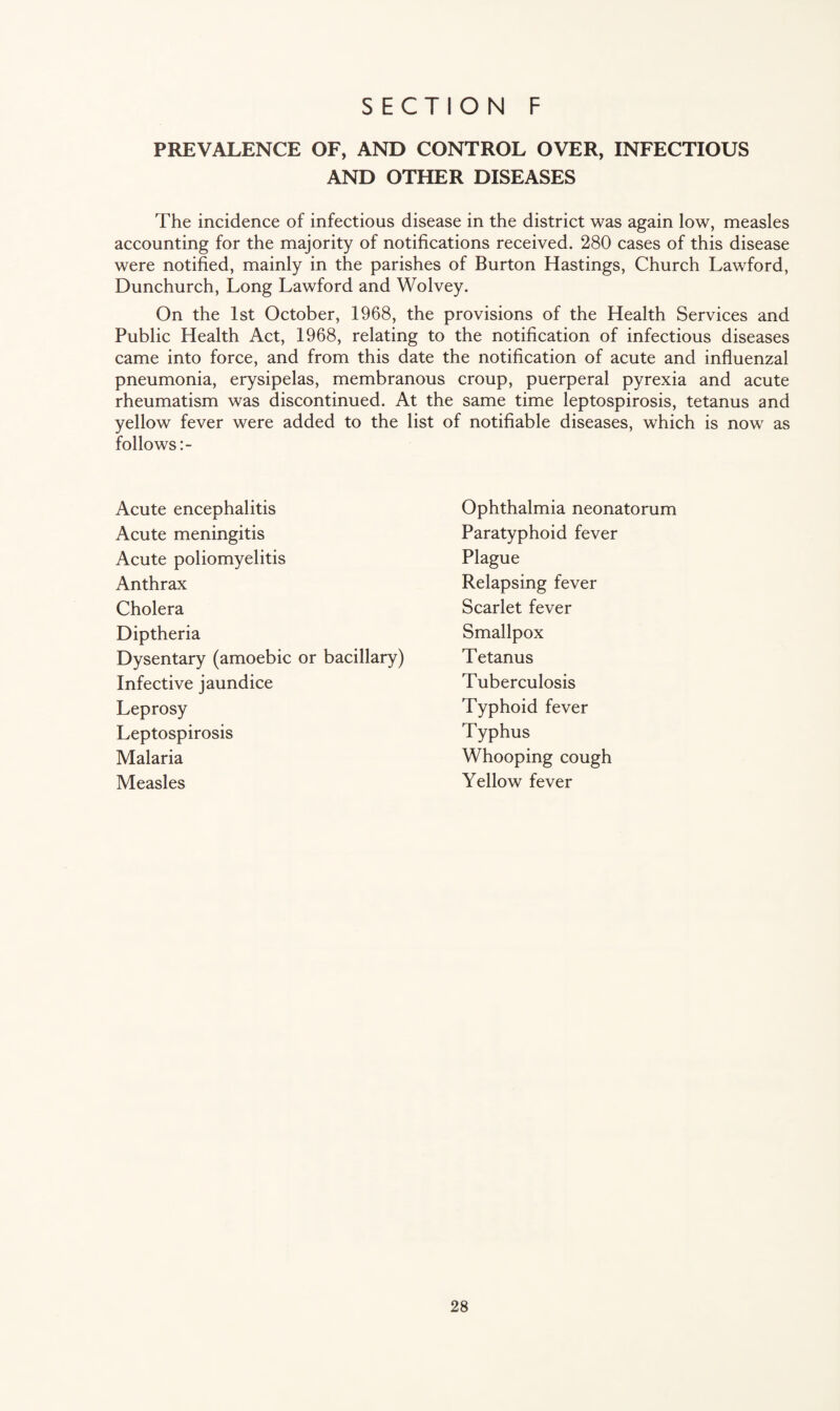 PREVALENCE OF, AND CONTROL OVER, INFECTIOUS AND OTHER DISEASES The incidence of infectious disease in the district was again low, measles accounting for the majority of notifications received. 280 cases of this disease were notified, mainly in the parishes of Burton Hastings, Church Lawford, Dunchurch, Long Lawford and Wolvey. On the 1st October, 1968, the provisions of the Health Services and Public Health Act, 1968, relating to the notification of infectious diseases came into force, and from this date the notification of acute and influenzal pneumonia, erysipelas, membranous croup, puerperal pyrexia and acute rheumatism was discontinued. At the same time leptospirosis, tetanus and yellow fever were added to the list of notifiable diseases, which is now as follows Acute encephalitis Acute meningitis Acute poliomyelitis Anthrax Cholera Diptheria Dysentary (amoebic or bacillary) Infective jaundice Leprosy Leptospirosis Malaria Measles Ophthalmia neonatorum Paratyphoid fever Plague Relapsing fever Scarlet fever Smallpox T etanus Tuberculosis Typhoid fever Typhus Whooping cough Yellow fever