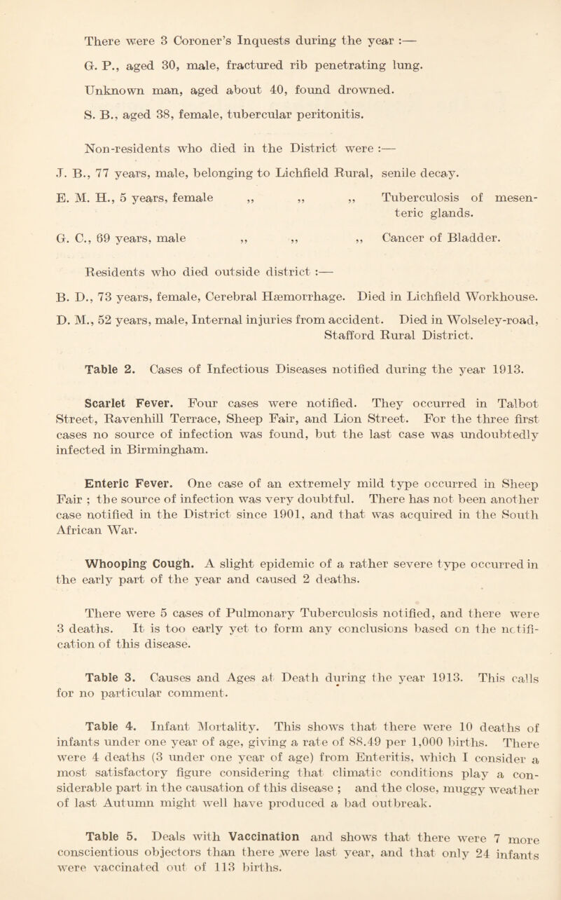 G. P., aged 30, male, fractured rib penetrating lung. Unknown man, aged about 40, found drowned. S. B., aged 38, female, tubercular peritonitis. Non-residents who died in the District were :— .1. B., 77 years, male, belonging to Lichfield Rural, senile decay. E. M. H., 5 years, female ,, ,, ,, Tuberculosis of mesen¬ teric glands. G. C., 69 years, male ,, ,, ,, Cancer of Bladder. Residents who died outside district :— B. D., 73 years, female, Cerebral Haemorrhage. Died in Lichfield Workhouse. D. M., 52 years, male, Internal injuries from accident. Died in Wolseley-road, Stafford Rural District. Table 2. Cases of Infectious Diseases notified during the year 1913. Scarlet Fever. Four cases were notified. They occurred in Talbot Street, Ravenhill Terrace, Sheep Fair, and Lion Street. For the three first cases no source of infection was found, but the last case was undoubtedly infected in Birmingham. Enteric Fever. One case of an extremely mild type occurred in Sheep Fair ; the source of infection was very doubtful. There has not been another case notified in the District since 1901, and that was acquired in the South African War. Whooping Cough. A slight epidemic of a rather severe type occurred in the early part of the year and caused 2 deaths. There were 5 cases of Pulmonary Tuberculosis notified, and there were 3 deaths. It is too early yet to form any conclusions based on the notifi¬ cation of this disease. Table 3. Causes and Ages at Death during the year 1913. This calls for no particular comment. Table 4. Infant Mortality. This shows that there were 10 deaths of infants under one year of age, giving a rate of 88.49 per 1,000 births. There were 4 deaths (3 under one year of age) from Enteritis, which I consider a most satisfactory figure considering that climatic conditions play a con¬ siderable part in the causation of this disease ; and the close, muggy weather of last Autumn might, well have produced a bad outbreak. Table 5. Deals with Vaccination and shows that there were 7 more conscientious objectors than there were last year, and that only 24 infants were vaccinated out of 113 births.