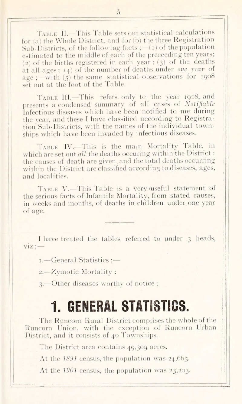 it Table II. This Table sets out statistical calculations for ;a) the Whole District, and for (b) the three Registration Sub-Districts, of the follow ing facts ; (i) of the population estimated to the middle of each of the preceeding ten years; (2) of the births registered in each year ; (3) of the deaths at all ages: (4) of the number of deaths under one year of age with (5) the same statistical observations for 1908 set out at the foot of the 1 able. Table III. -This refers only to the year 1908, and presents a condensed summary of all cases of Notifiable Infectious diseases which have been notified to me during the rear, and these I have classified according to Registra¬ tion Sub-Districts, with the names of the individual town¬ ships which have been invaded by infectious diseases. Table IV.—This is the mam Mortality Table, in which are set out all the deaths occuring within the District : the causes of death are given, and the total deaths occurring within the District are classified according to diseases, ages, and localities. Table V.- This Table is a very 'useful statement of the serious facts of Infantile Mortality, from stated causes, in weeks and months, of deaths in children under one year of age. I have treated the tables referred to under 3 heads, viz ; — 1. —General Statistics ;— 2. —Zymotic Mortality ; 3. —Other diseases worthy of notice ; 1. GENERAL STATISTICS. The Runcorn Rural District comprises the whole of the Runcorn Union, with the exception of Runcorn l rban District, and it consists of 40 I ownships. The District area contains 49,309 acres. At the 1891 census, the population was 24,665. At the 1901 census, the population was 23,203.