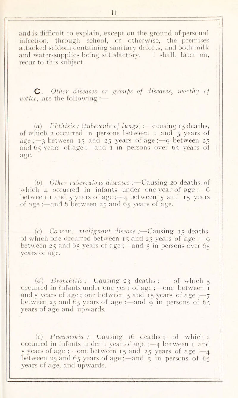 and is difficult to explain, except on the ground of personal infection, through school, or otherwise, the premises attacked seldom containing sanitary defects, and both milk and water-supplies being satisfactory. I shall, later on, recur to this subject. C Other diseases or groups of diseases, worthy of notice, are the following : (a) Phthisis ; (tubercule of lungs) :—causing 15 deaths, of which 2 occurred in persons between 1 and 5 years of age ;—3 between 15 and 25 years of age ;—9 between 25 and 65 vears of age :—and 1 in persons over 65 years of age. (b) Other tuberculous diseases :—Causing 20 deaths, of which 4 occurred in infants under one year of age ;—6 between 1 and 5 vears of age ;—4 between 5 and 15 years of age ; — and 6 between 25 and 65 years of age. (c) Cancer; malignant disease;—Causing 15 deaths, of which one occurred between 15 and 25 years of age ;—g between 25 and 65 years of age ;—and 5 in persons over 65 years of age. (d) Bronchitis ;—Causing 23 deaths ; — of which 5 occurred in infants under one year of age ;—one between 1 and 5 years of age ; one between 5 and 15 years of age ;—7 between 25 and 65 years of age ; and 9 in persons of 65 years of age and upwards. (e) Pneumonia :—Causing 16 deaths ;—of which 2 occurred in infants under 1 year of age 5 — 4 between 1 and 5 years of age ;--one between 15 and 25 years of age ;—4 between 25 and 65 years of age ;—and 5 in persons of 65 years of age, and upwards.